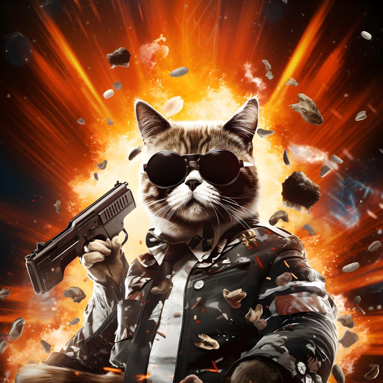 Filmplakat av en katt iført en svart-hvit prikkete skjorte og skinnende solbriller med eksplosjoner og kanoner i bakgrunnen 3 av Kurt Heppke