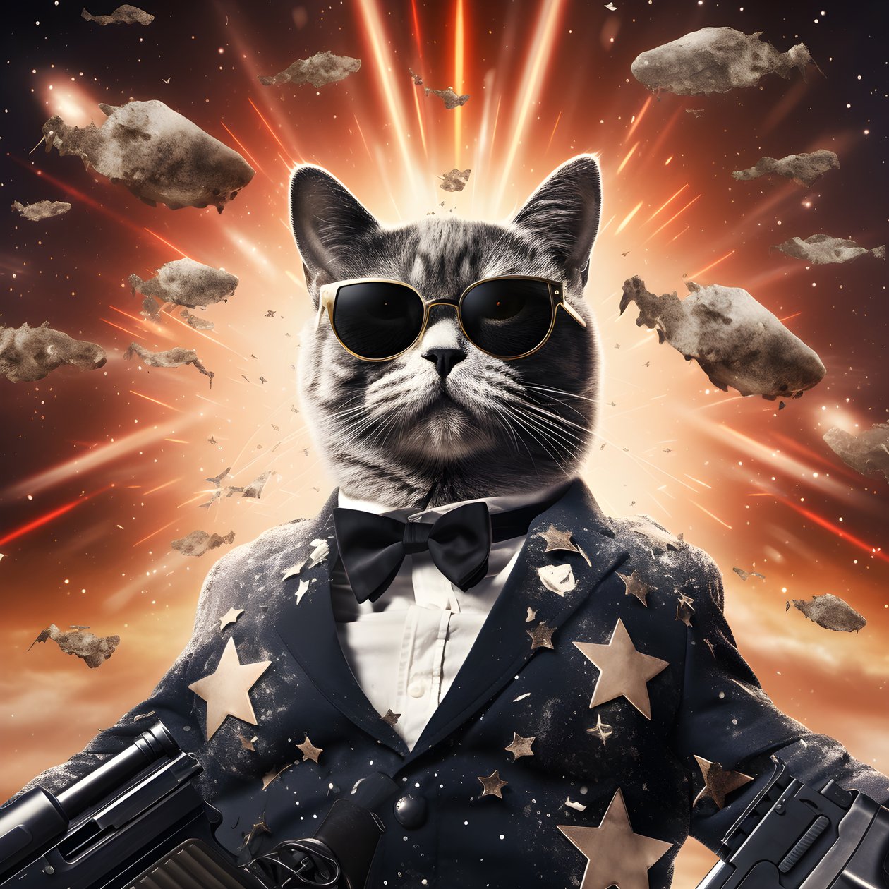 Filmplakat av en katt iført en svart-hvit prikkete skjorte og skinnende solbriller med eksplosjoner og kanoner i bakgrunnen 4 av Kurt Heppke