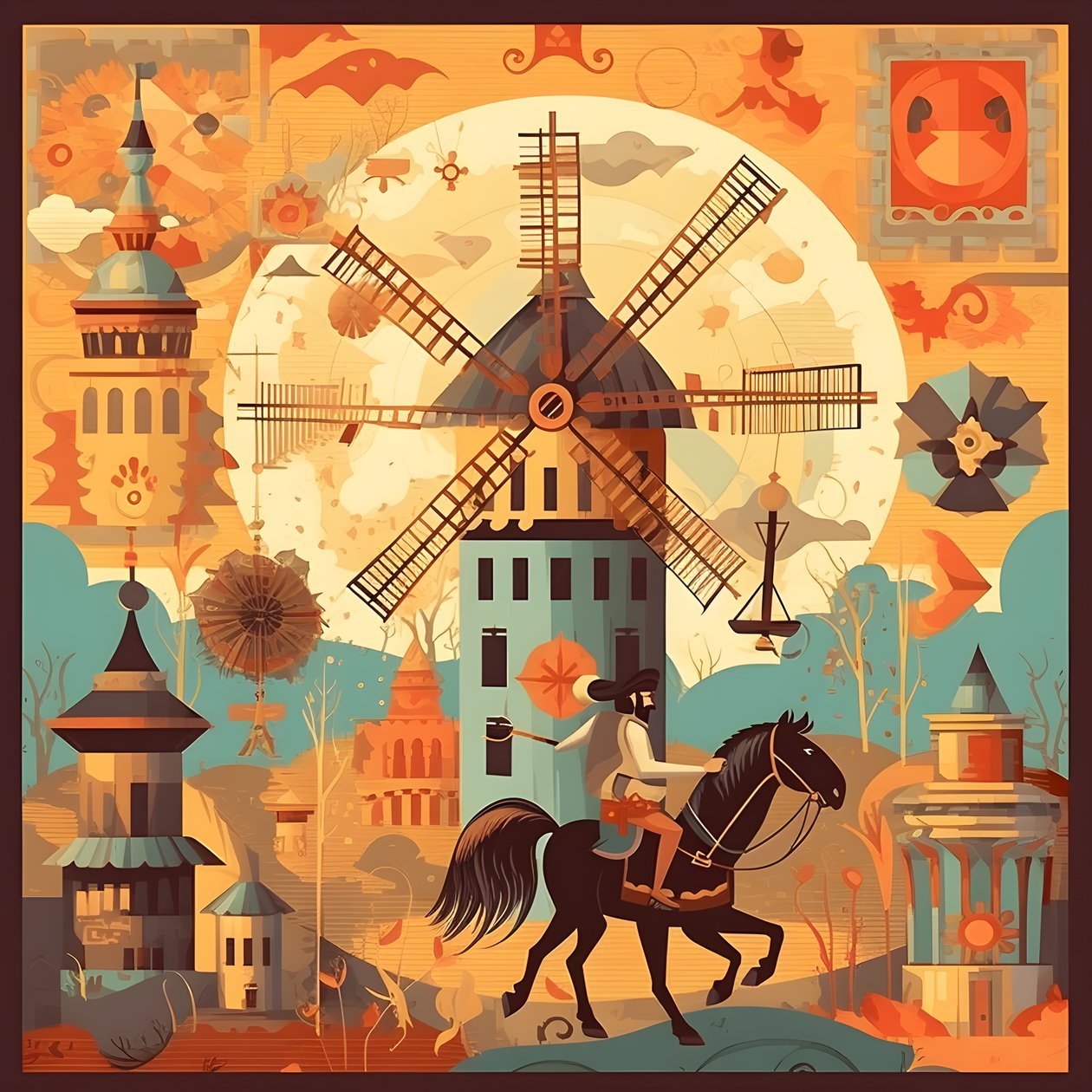 Bakgrunn Don Quijote helt til høyre på eselet sitt så lite som en skygge, foran vindmøllene, et passende bakteppe 1 av Kurt Heppke