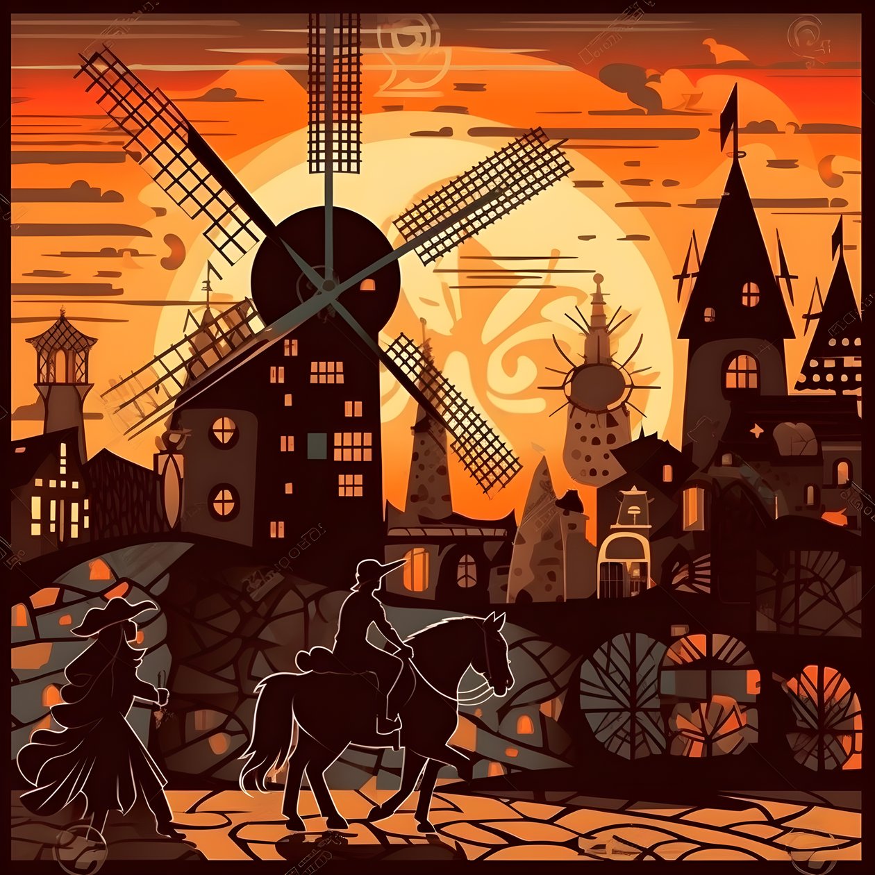 Bakgrunn Don Quijote helt til høyre på eselet sitt så lite som en skygge, foran vindmøllene, et passende bakteppe 4 av Kurt Heppke