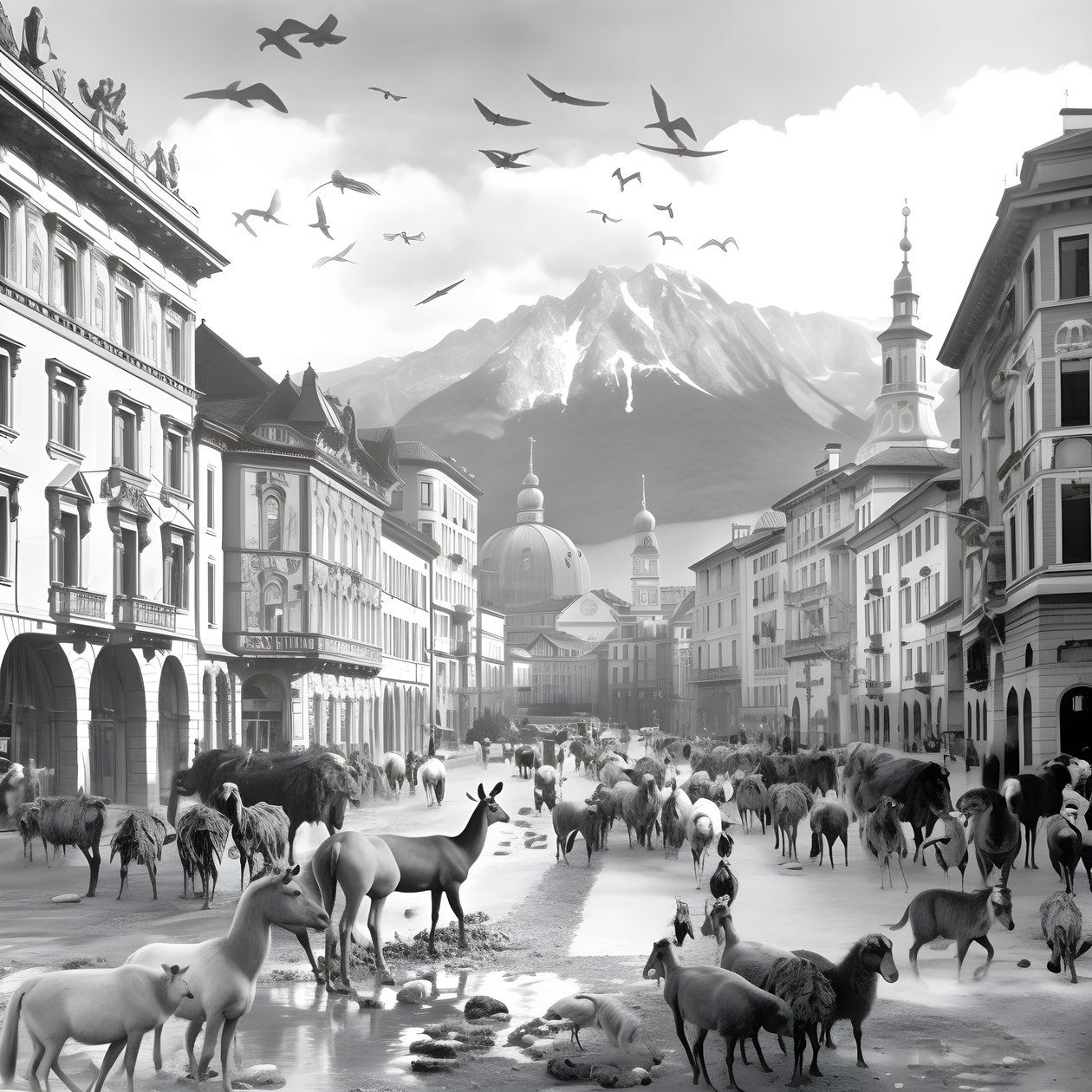 Innsbruck i et gammelt fotografi med elegante sebraer, måker, aper og leirfigurer. 2 av Kurt Heppke