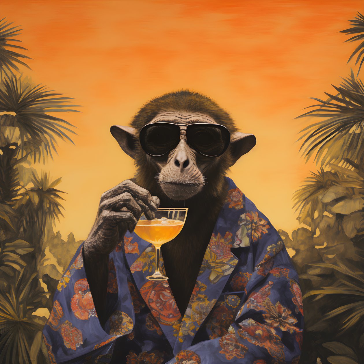 Nærbilde av en kul ape i en japansk kimono, med solbriller, i et tropisk landskap 4 av Kurt Heppke