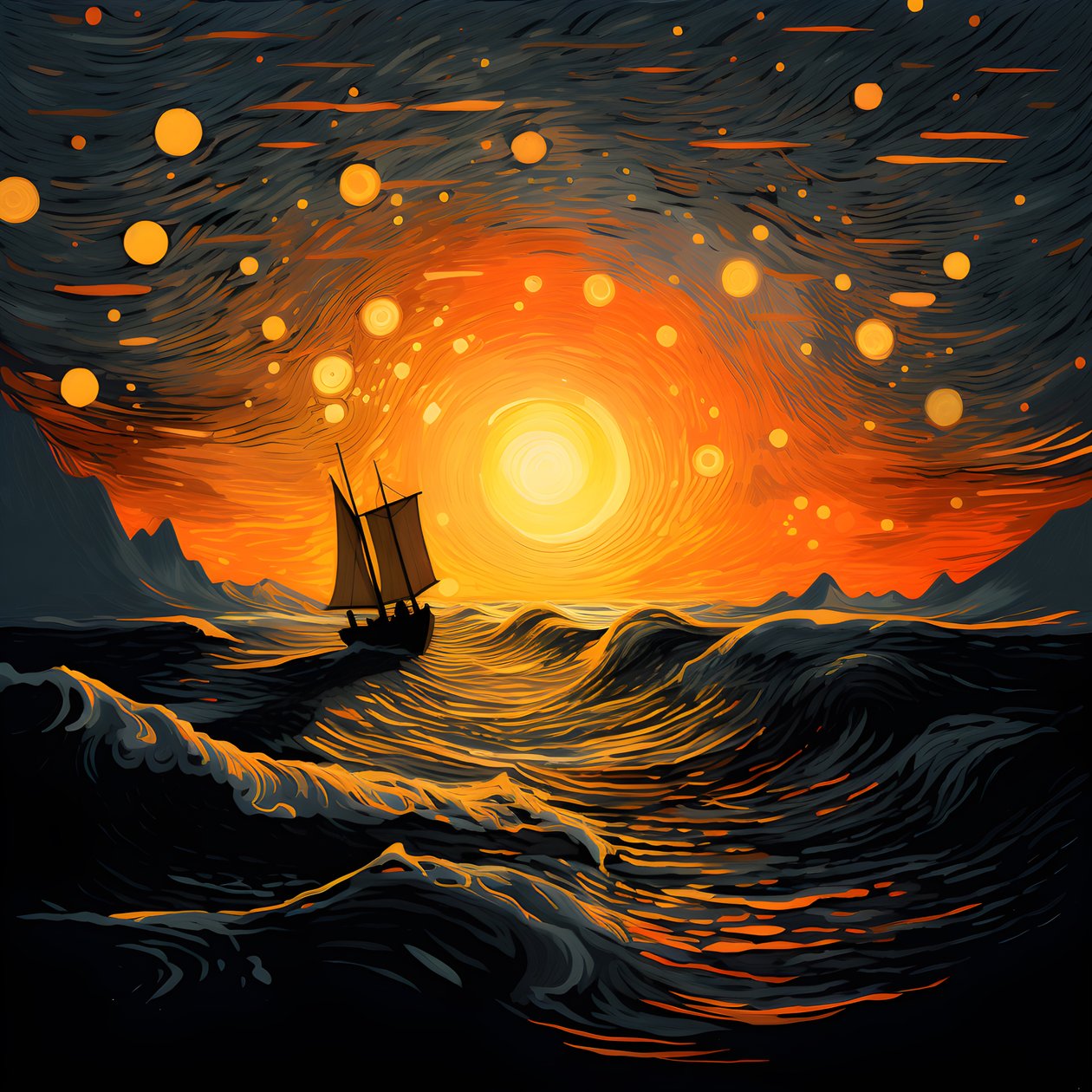 Solnedgang, oransje-gul sol, skyer, fem roterende sirkler av skyer på en stor himmel, nøytrale bølger og oransje-gule solnedgangsskyer reflektert på bølgene, en båt går ut på havet 1 av Kurt Heppke