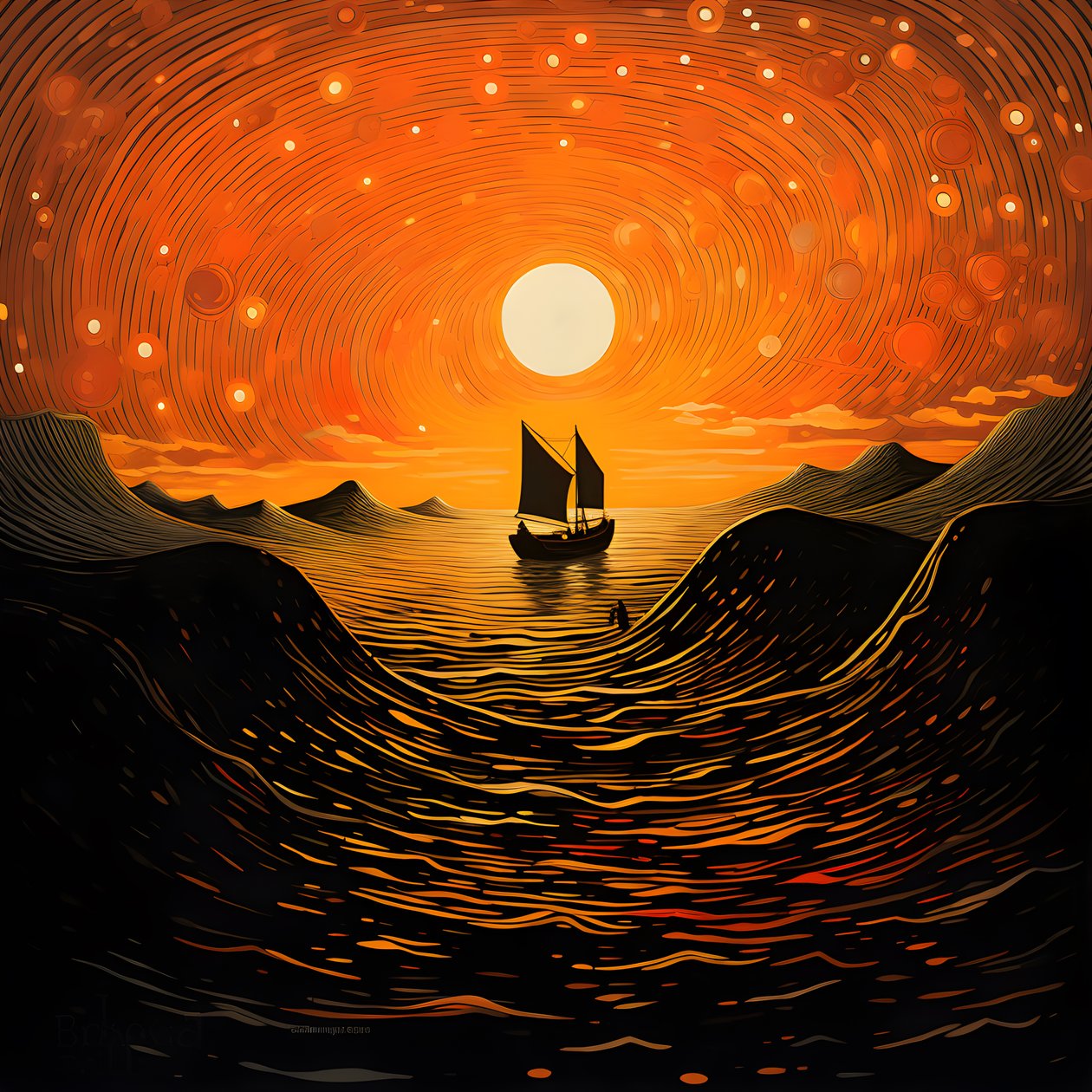 Solnedgang, oransje-gul sol, skyer, fem roterende sirkler av skyer på en stor himmel, punktvise bølger og oransje-gule solnedgangsskyer reflektert på bølgene, en båt går ut på havet 2 av Kurt Heppke