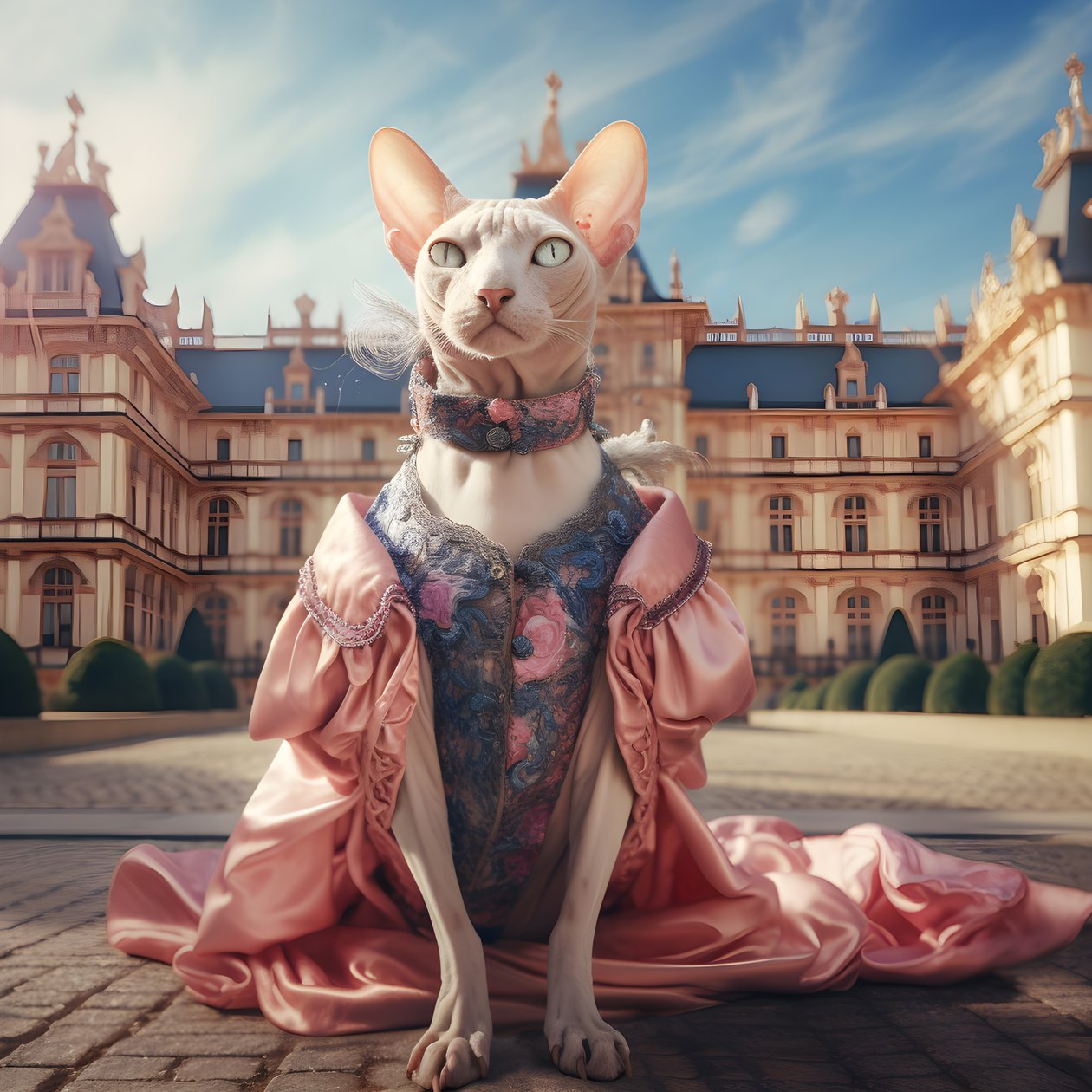 Sphynx-katt i ballkjole på bakgrunn av et praktfullt palass i middelalderstil 1 av Kurt Heppke