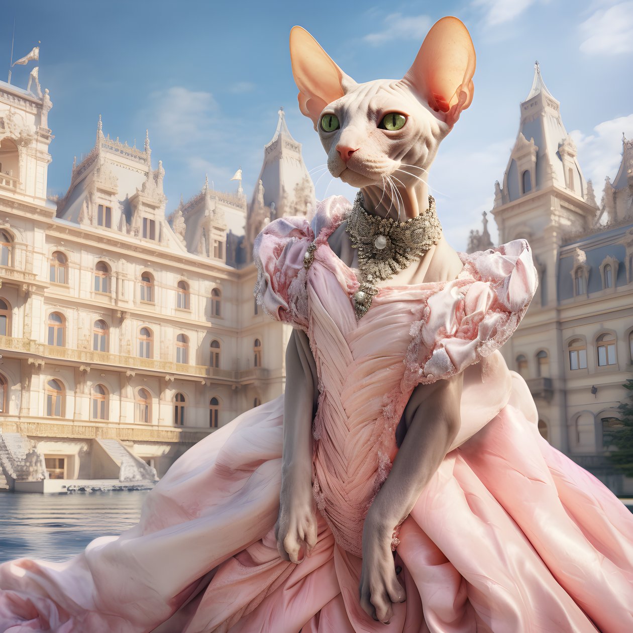Sphynx-katt i ballkjole på bakgrunn av et praktfullt palass i middelalderstil 2 av Kurt Heppke