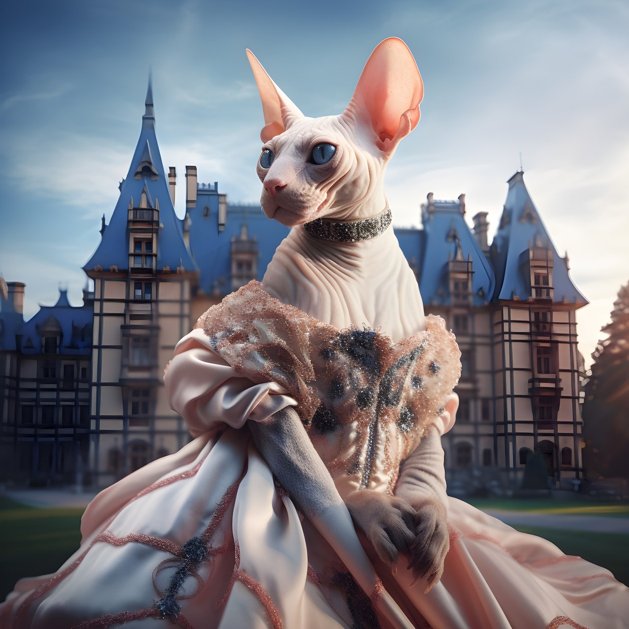Sphynx-katt i ballkjole på bakgrunn av et praktfullt palass i middelalderstil 3 av Kurt Heppke