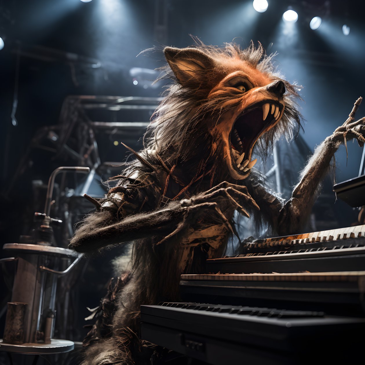 skumle, hårete, ødelagte dyreanimatronikk som fremfører musikk på en scene 2 av Kurt Heppke