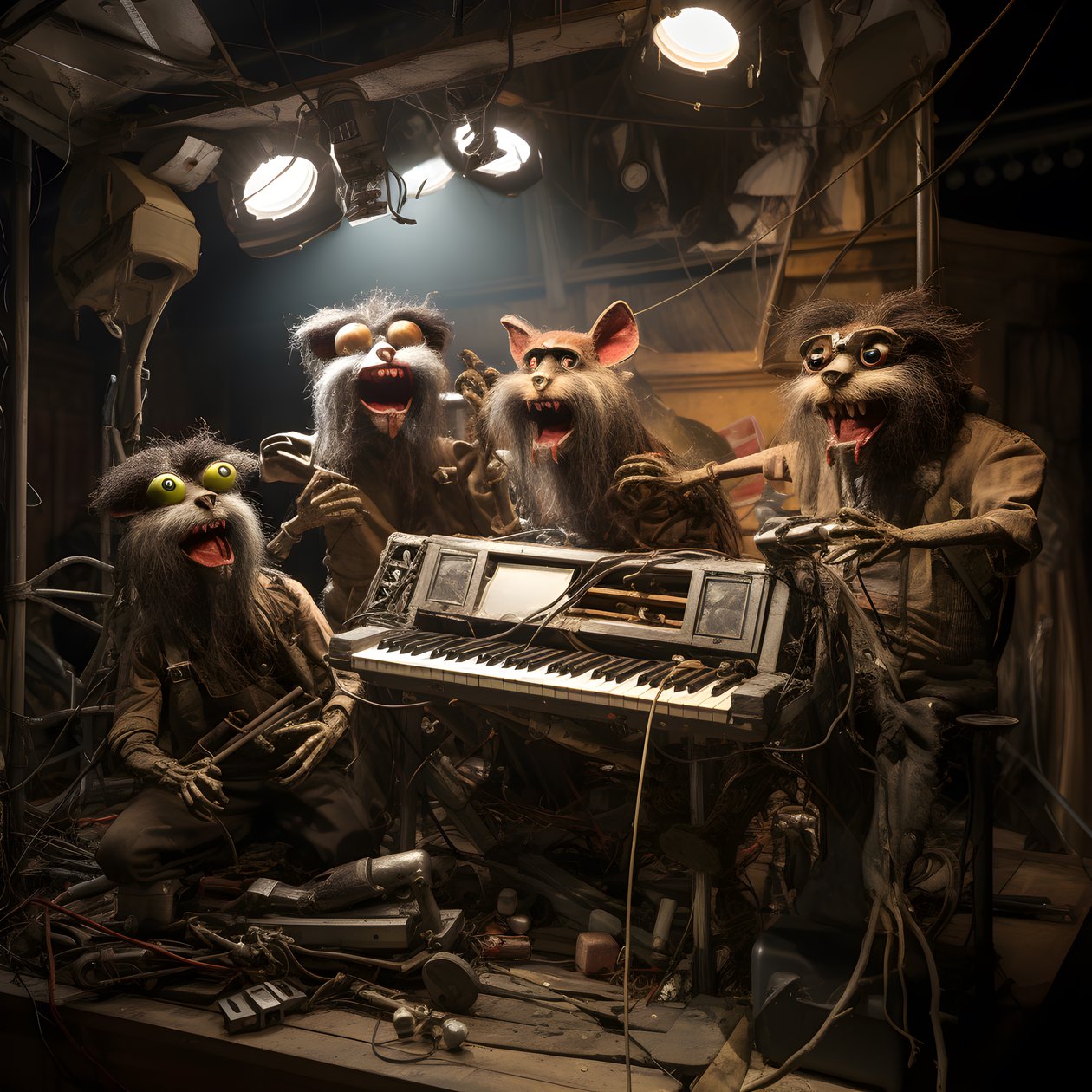 skumle, hårete, ødelagte dyreanimatronikk som fremfører musikk på en scene 4 av Kurt Heppke