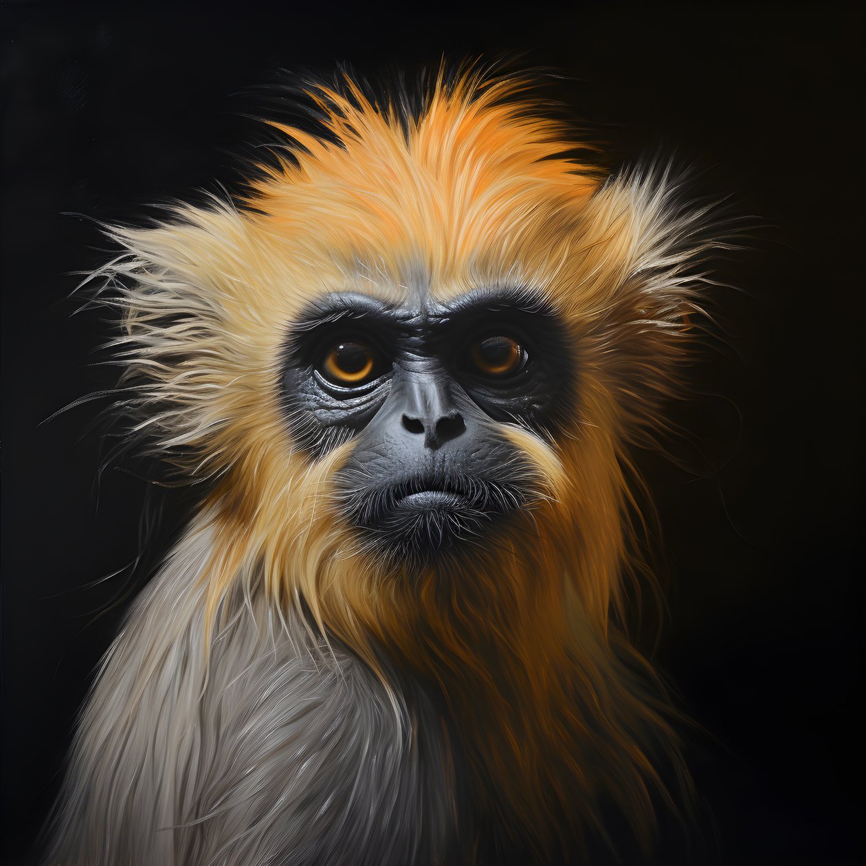 et maleri av ansiktet til en gylden langur med svart bakgrunn 1 av Kurt Heppke
