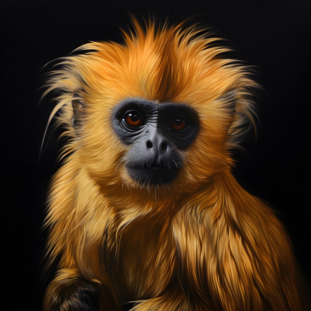 et maleri av ansiktet til en gylden langur med svart bakgrunn 2 av Kurt Heppke