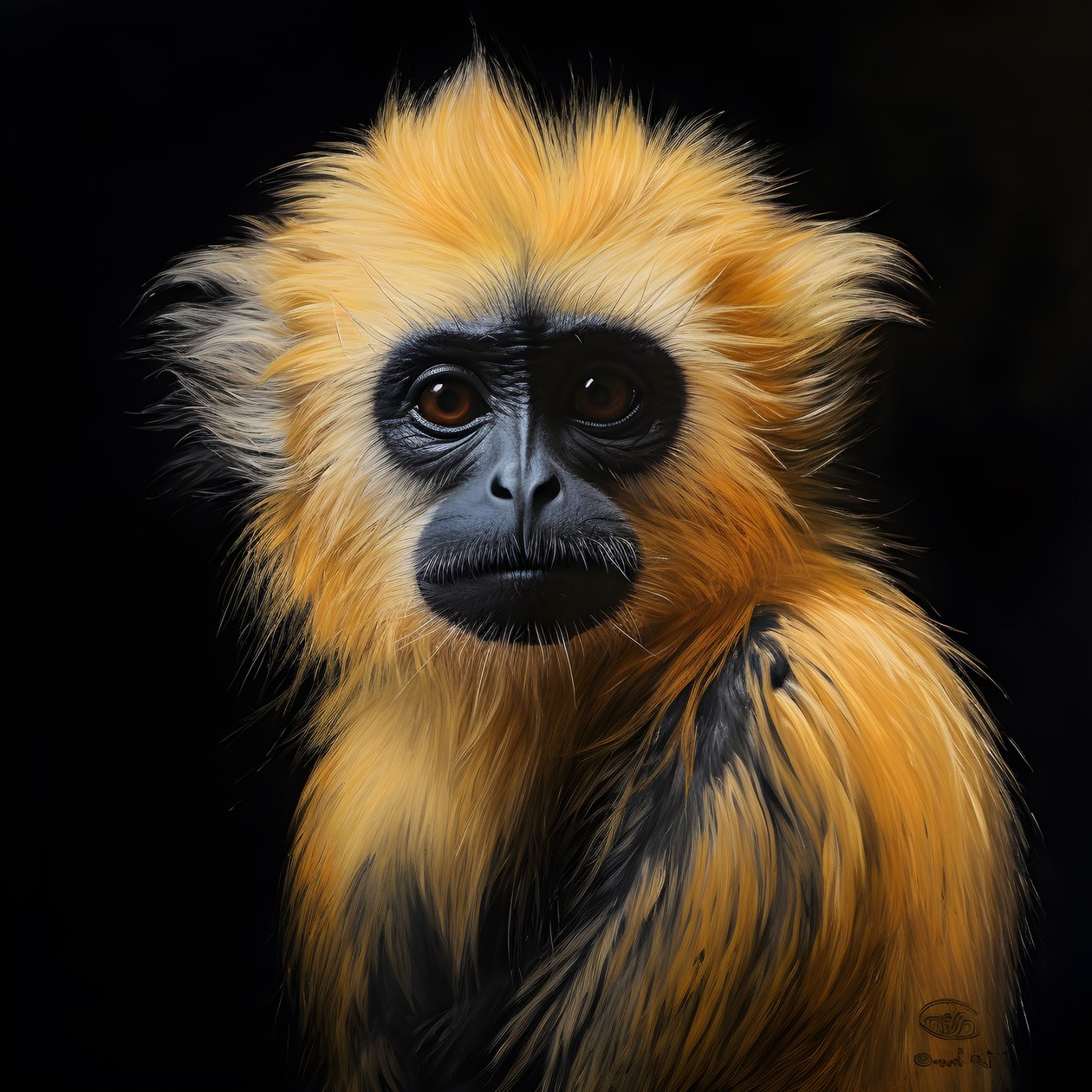 et maleri av et gyldent langurs ansikt med svart bakgrunn 3 av Kurt Heppke