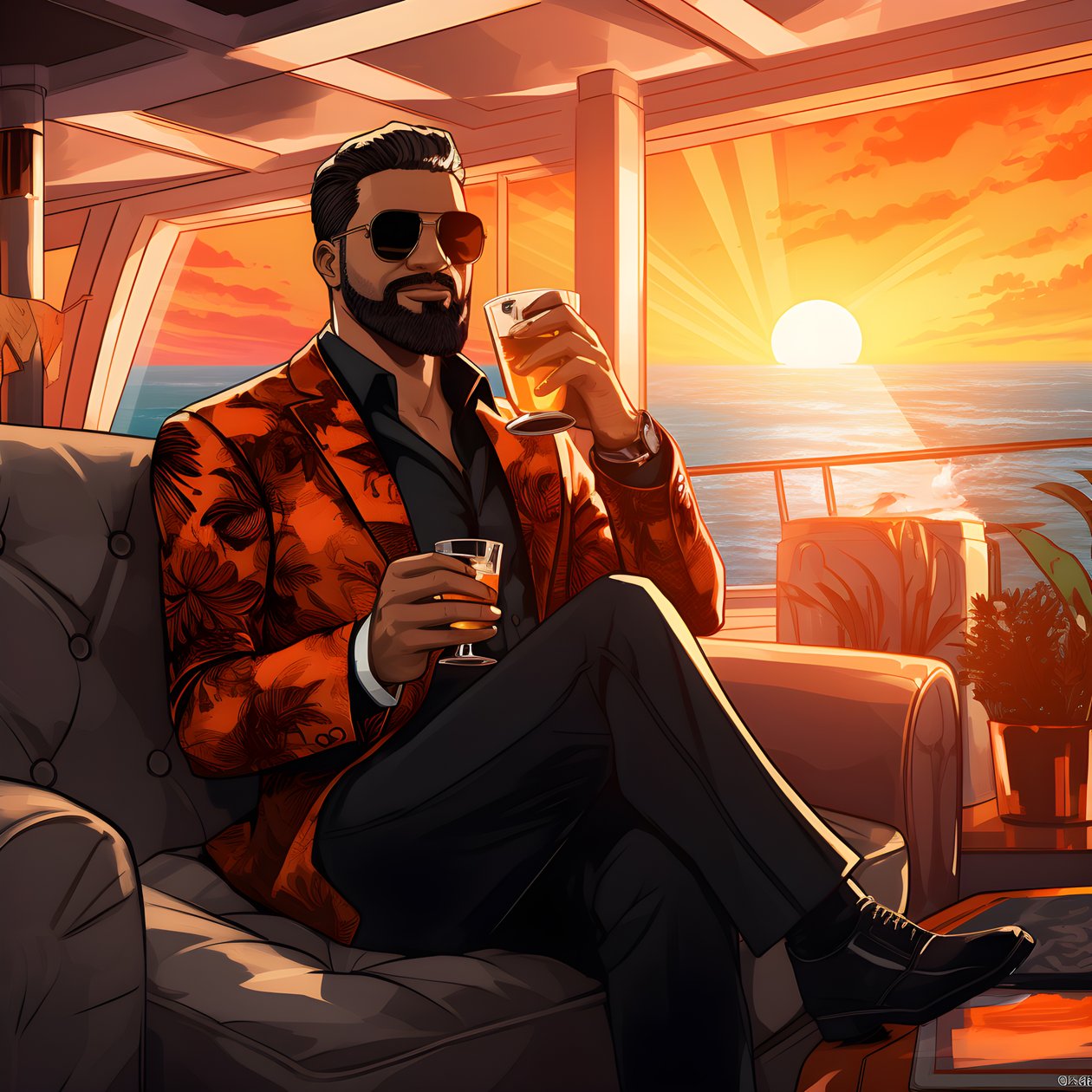 en rik mann, godt kledd, sitter på et privat cruiseskip og drikker en cocktail 3 av Kurt Heppke
