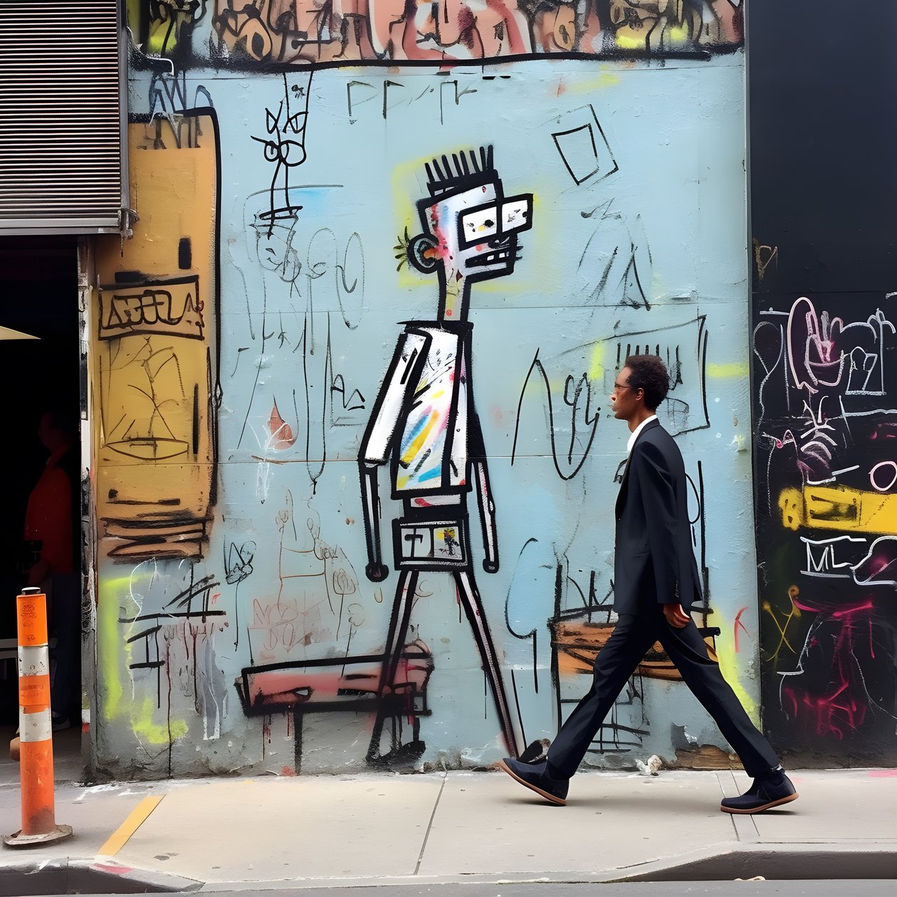 en malt skikkelse kommer til live når han går nedover en gate i New York, surrealistisk bilde 1 av Kurt Heppke