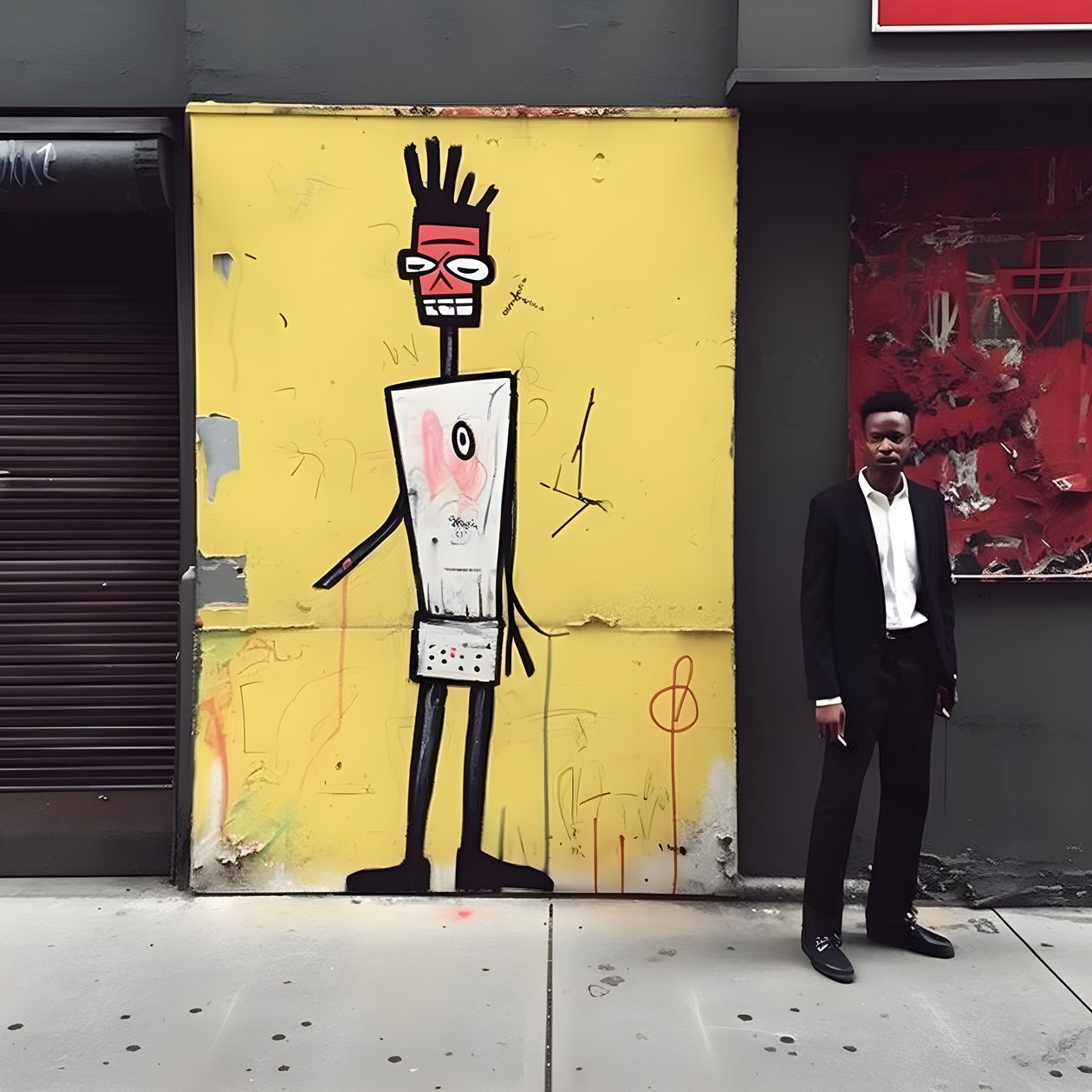 en malt figur kommer til live når han går nedover en gate i New York, surrealistisk bilde 2 av Kurt Heppke