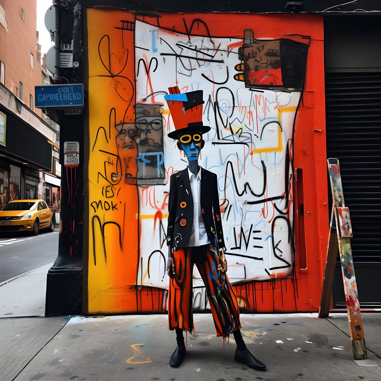 en malt figur kommer til live når han går nedover en gate i New York, surrealistisk bilde 4 av Kurt Heppke