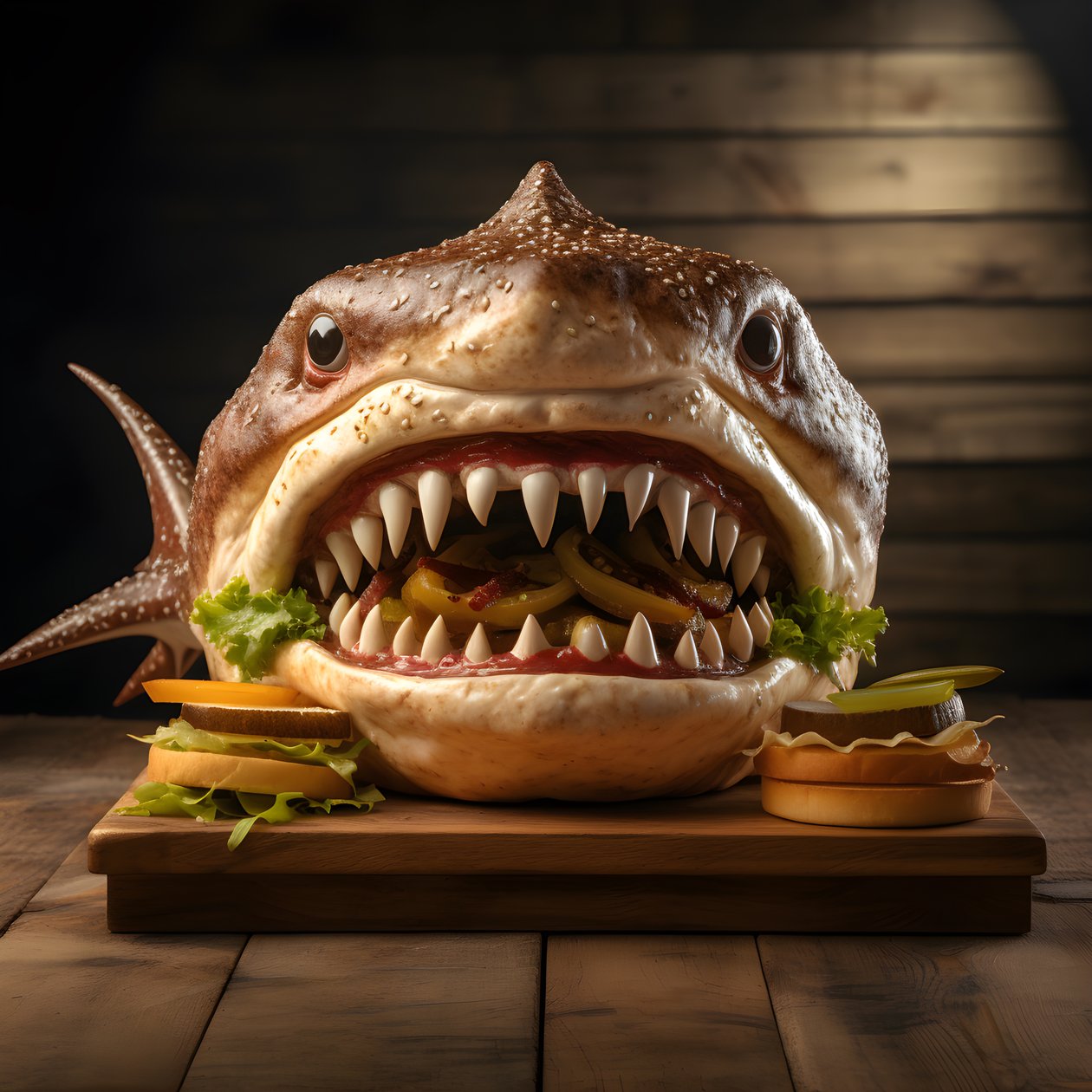 stor haihode cheeseburger med biff på trebrett 2 av Kurt Heppke