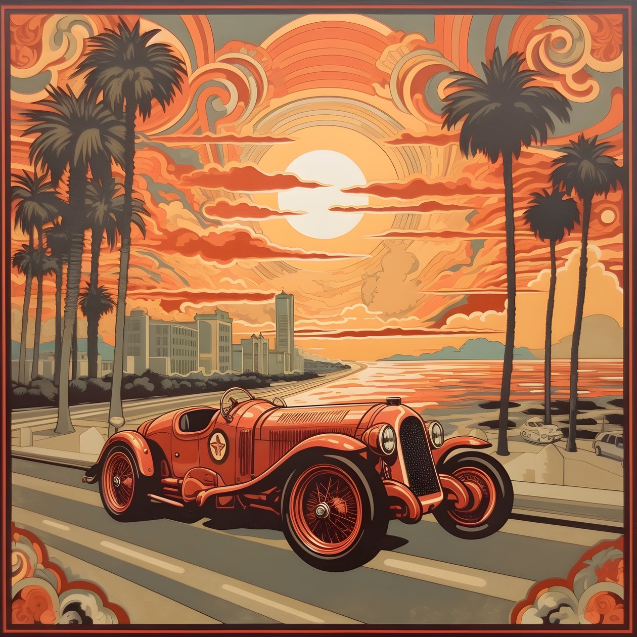 Vakkert elegant minimalistisk vattert kunstnerisk mesterverk av Shepard Fairey::1 Til minne om Monaco Grand Prix i 1940, historiske racerbiler som konkurrerer. 1 av Kurt Heppke