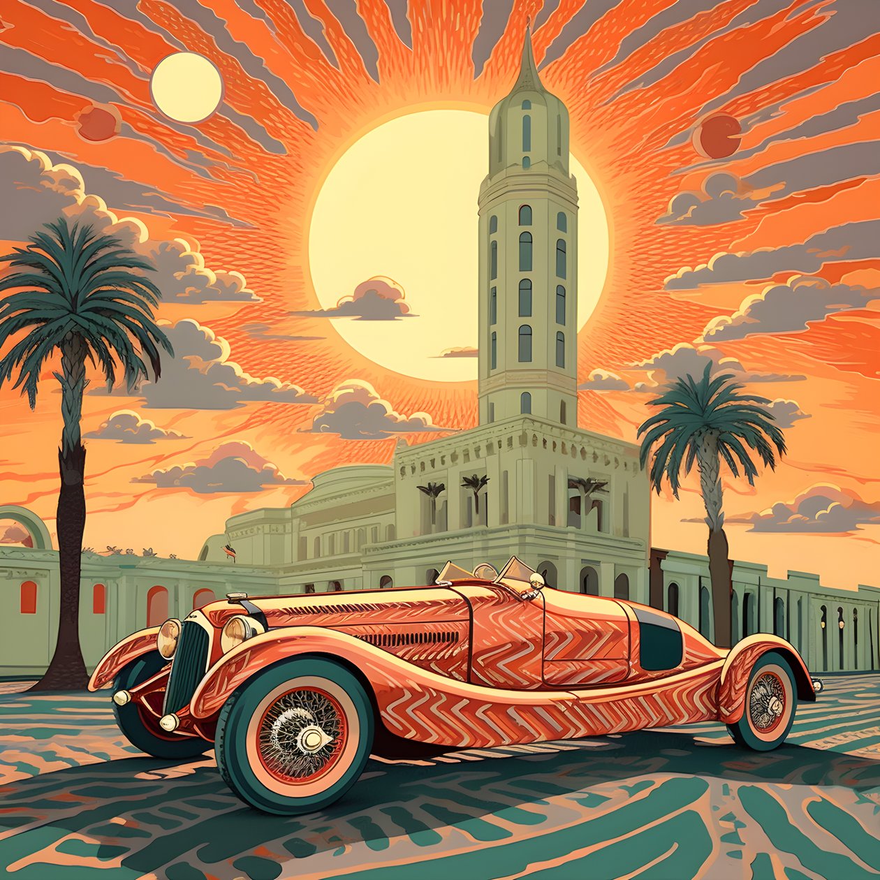 Vakkert elegant minimalistisk vattert kunstnerisk mesterverk av Shepard Fairey::1 Til minne om Monaco Grand Prix i 1940, historiske racerbiler som konkurrerer. 2 av Kurt Heppke