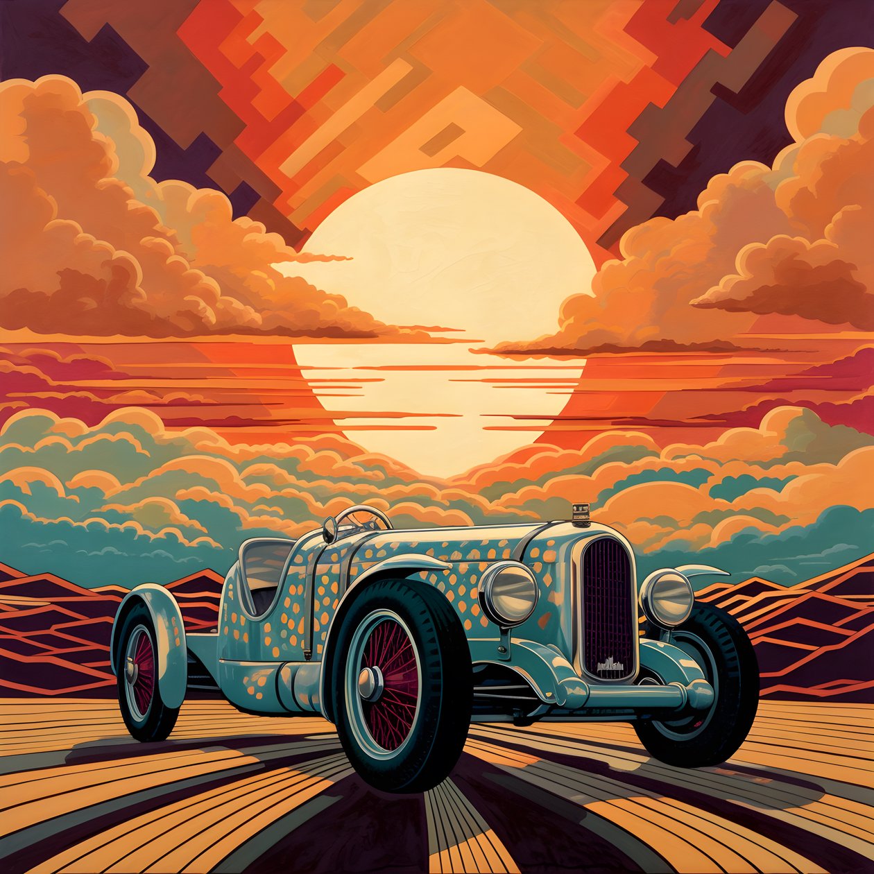 Vakkert elegant minimalistisk vattert kunstnerisk mesterverk av Shepard Fairey::1 Til minne om Monaco Grand Prix i 1940, historiske racerbiler som konkurrerer. 3 av Kurt Heppke