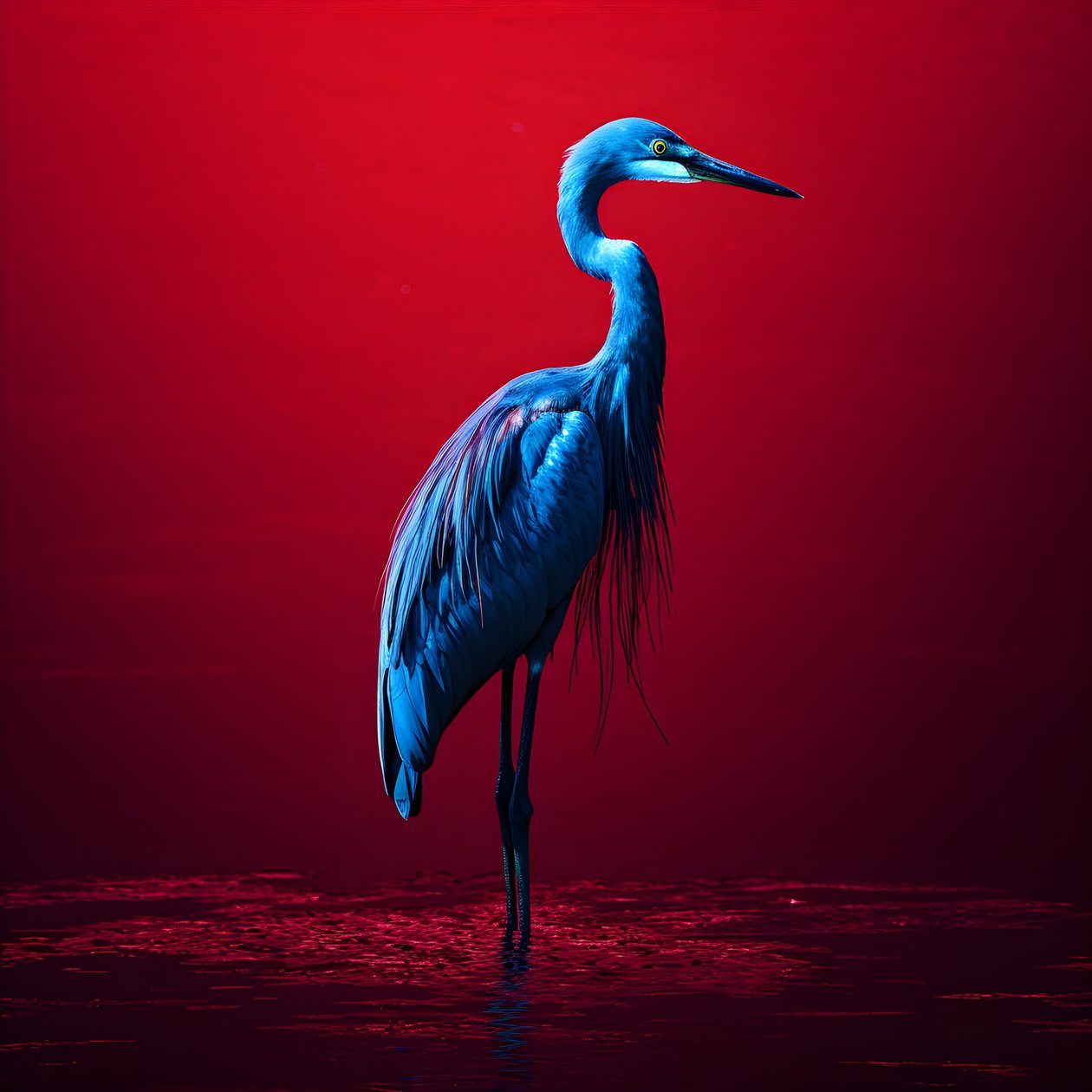 synthwave digital kunstverk av en eksotisk koboltblå egret på rødt papir 1 av Kurt Heppke