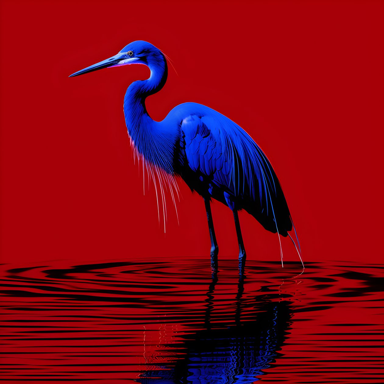 synthwave digital kunstverk av en eksotisk koboltblå egret på rødt papir 2 av Kurt Heppke