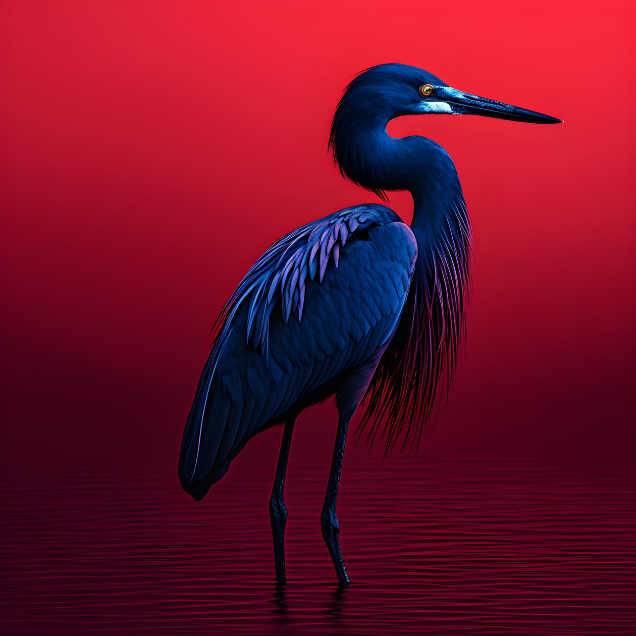synthwave digital kunstverk av en eksotisk koboltblå egret på rødt papir 3 av Kurt Heppke