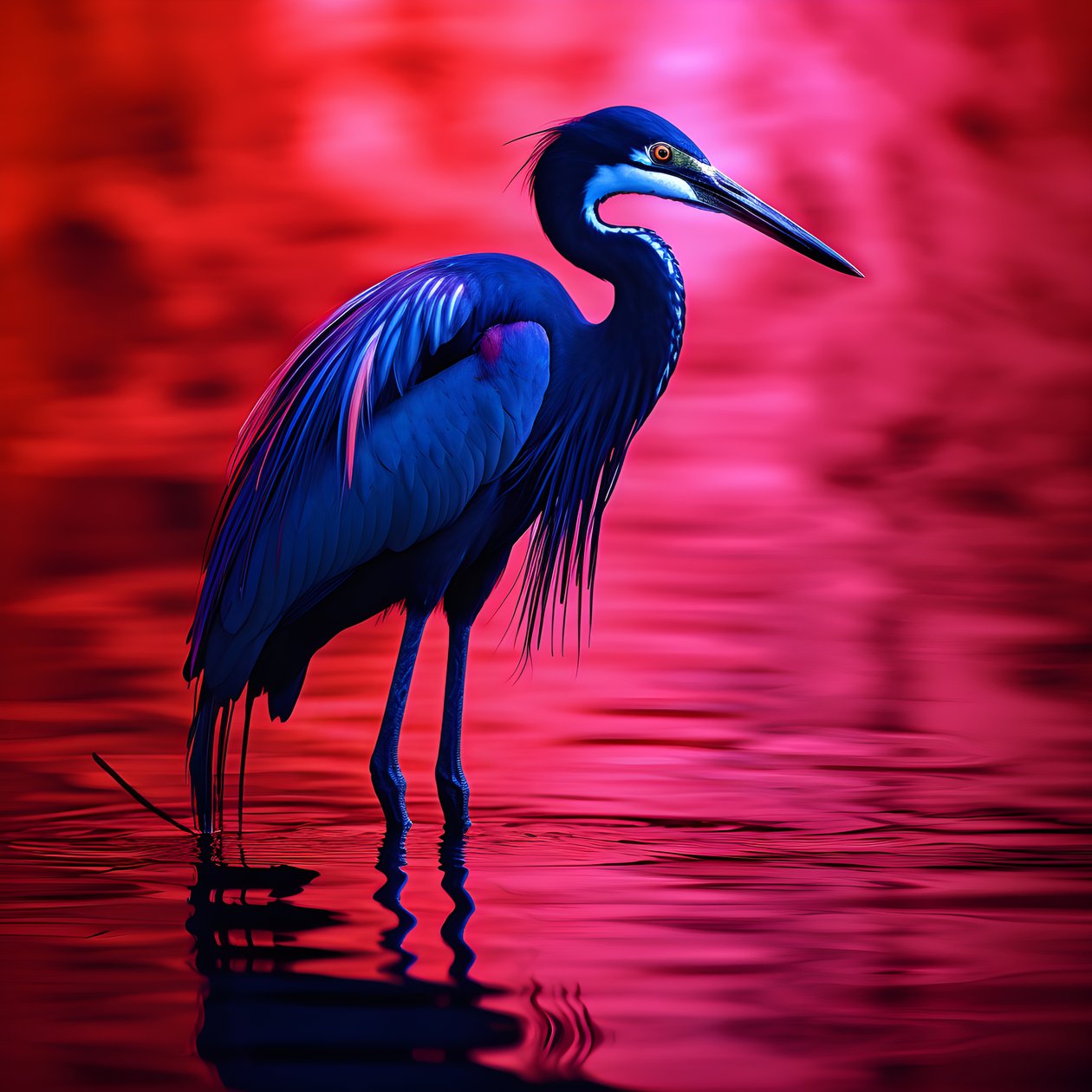 synthwave digital kunstverk av en eksotisk koboltblå egret på rødt papir 4 av Kurt Heppke