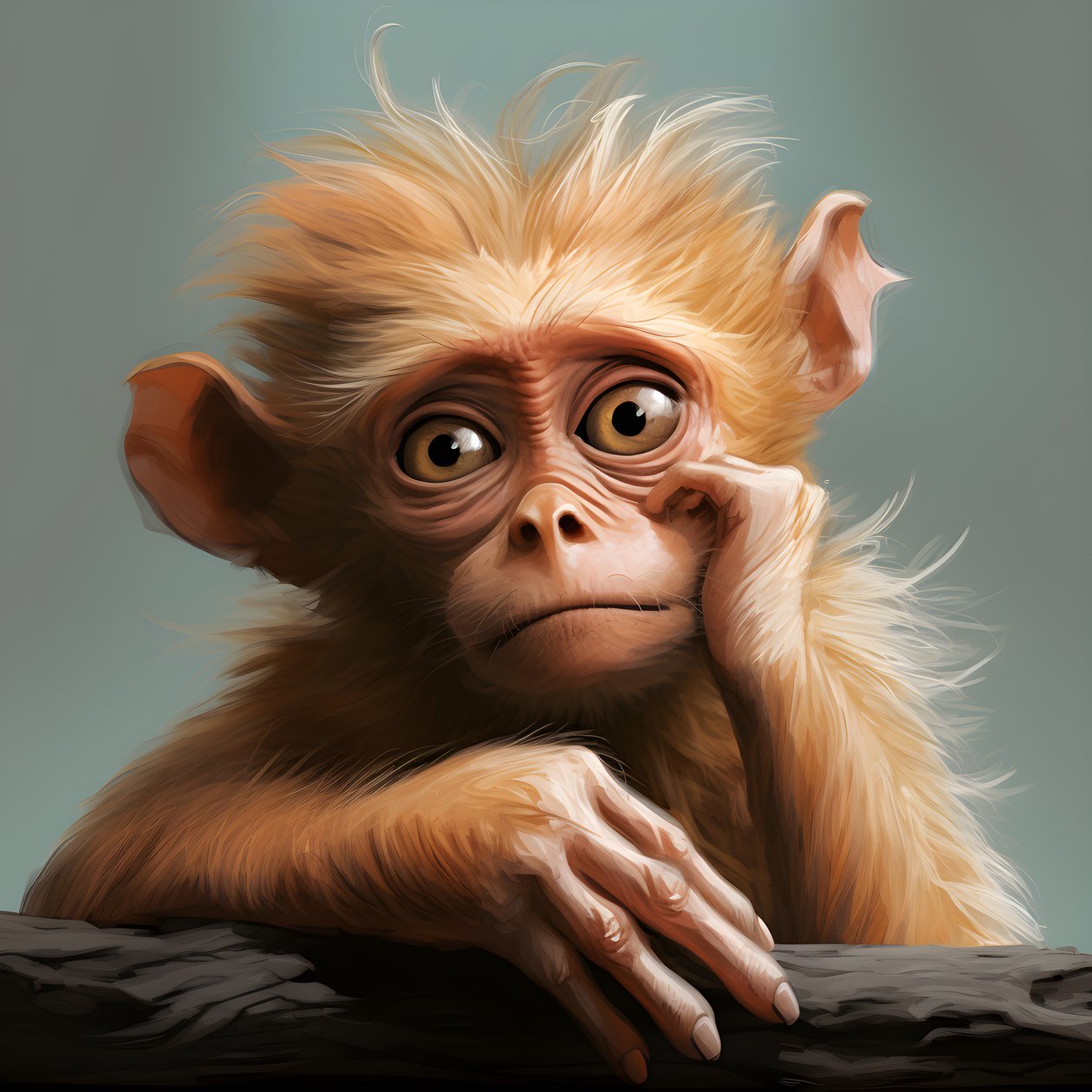 dette er en tegning av en joey-ape med et øye i stil med emosjonelle surrealistiske karakterstudier, fargelagte, ettertenksomme positurer, topcor 58mm f/1.4, karikaturlignende illustrasjoner, #vfxfriday, solarizing master 2 av Kurt Heppke