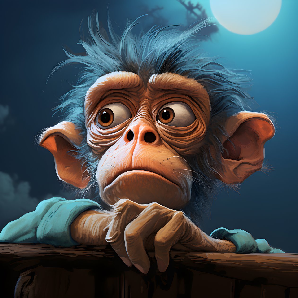 dette er en tegning av en joey-ape med et øye i stil med emosjonelle surrealistiske karakterstudier, fargelagte, ettertenksomme positurer, topcor 58mm f/1.4, karikaturlignende illustrasjoner, #vfxfriday, solarizing master 3 av Kurt Heppke