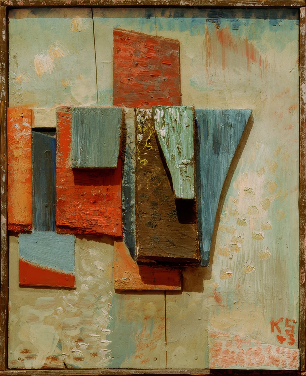 Farget trekonstruksjon av Kurt Schwitters