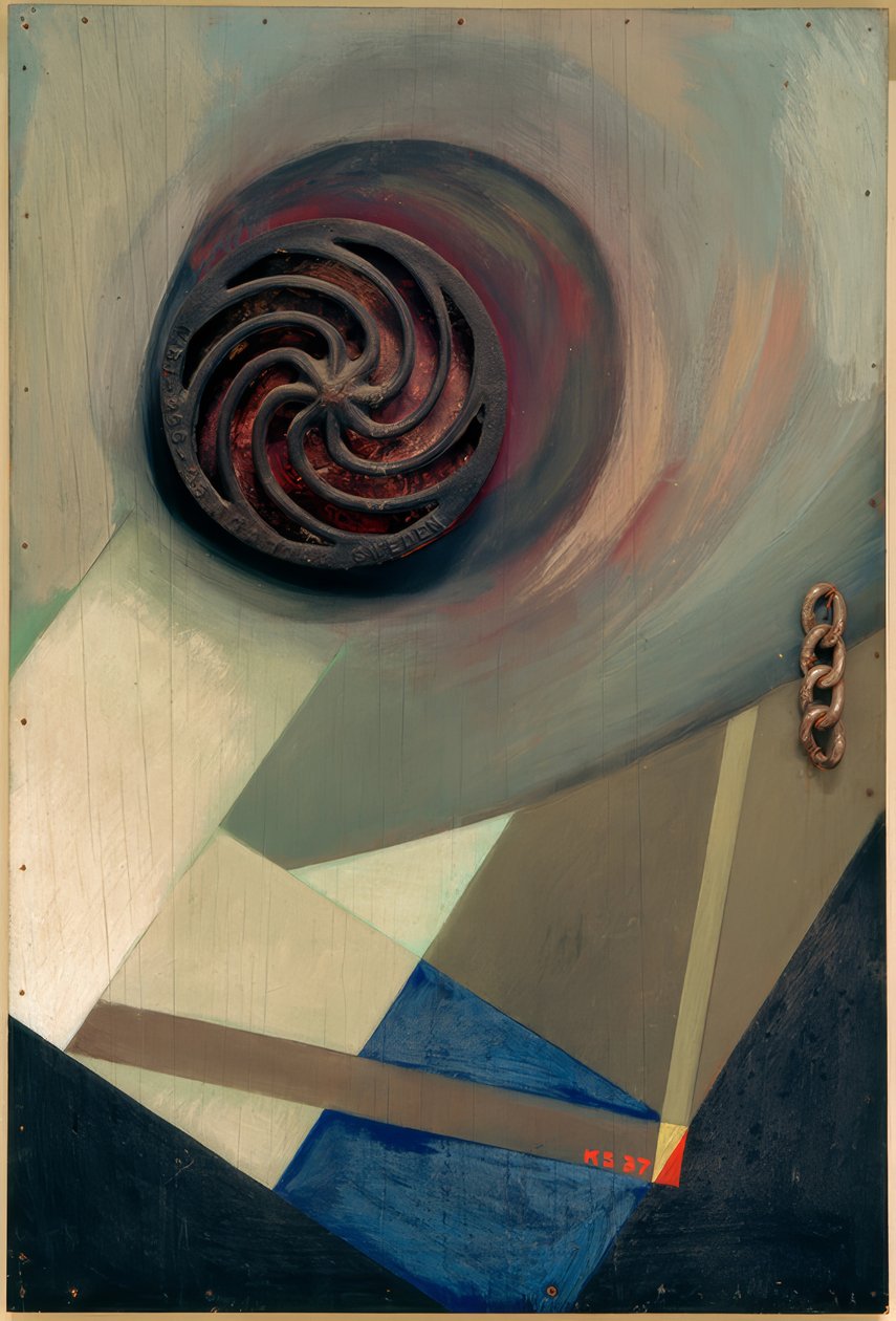 Merz bilde med kjede av Kurt Schwitters