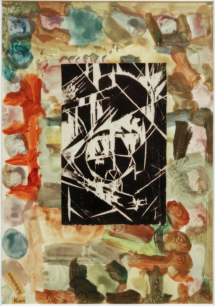 Uten tittel (collage med tresnitt på abstrakt maleri) av Kurt Schwitters