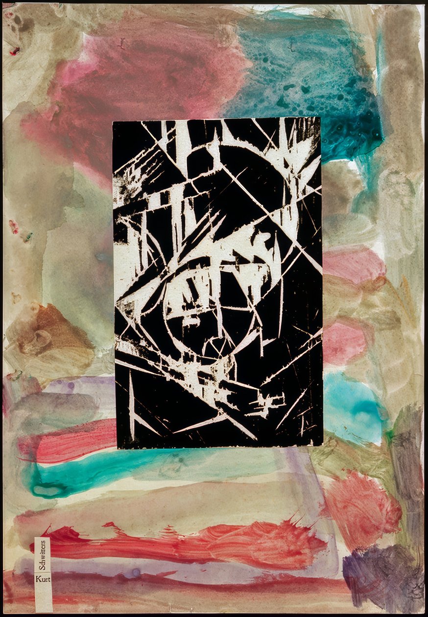 Uten tittel (collage med tresnitt på abstrakt maleri) av Kurt Schwitters