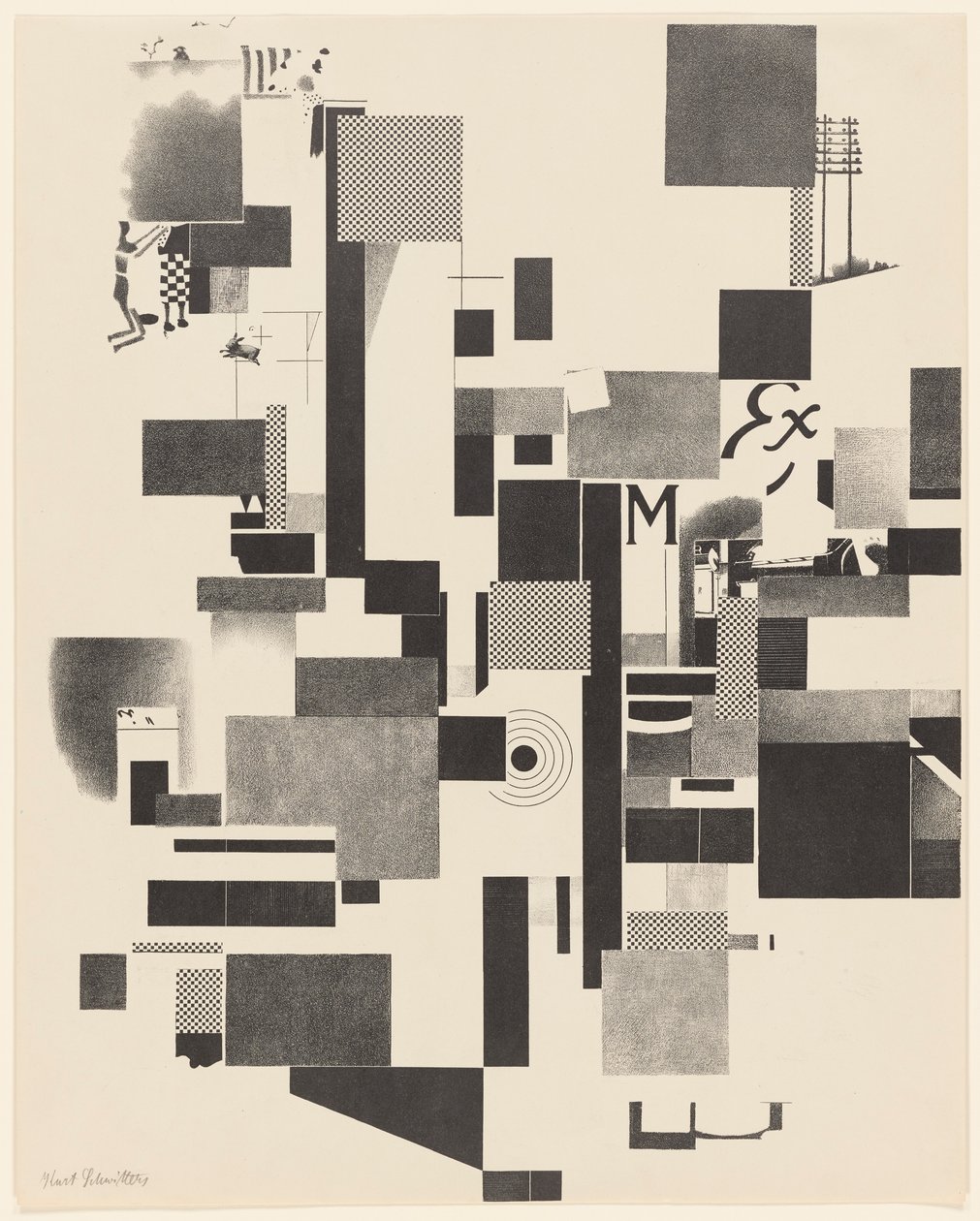 Uten tittel, nr. 2 av 6 fra porteføljen Merz 3. Kurt Schwitters 6 litografier. Merz mappe. Første portefølje av Merz forlag (Merz 3. Kurt Schwitters 6 lithos. Merz Portfolio. First Portfolio of the Merz Publisher) av Kurt Schwitters