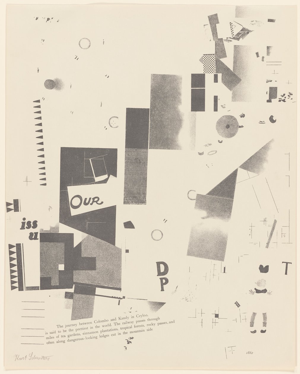 Uten tittel, nr. 6 av 6 fra porteføljen Merz 3. Kurt Schwitters 6 litografier. Merz mappe. Første portefølje av Merz forlag (Merz 3. Kurt Schwitters 6 lithos. Merz Portfolio. First Portfolio of the Merz Publisher) av Kurt Schwitters