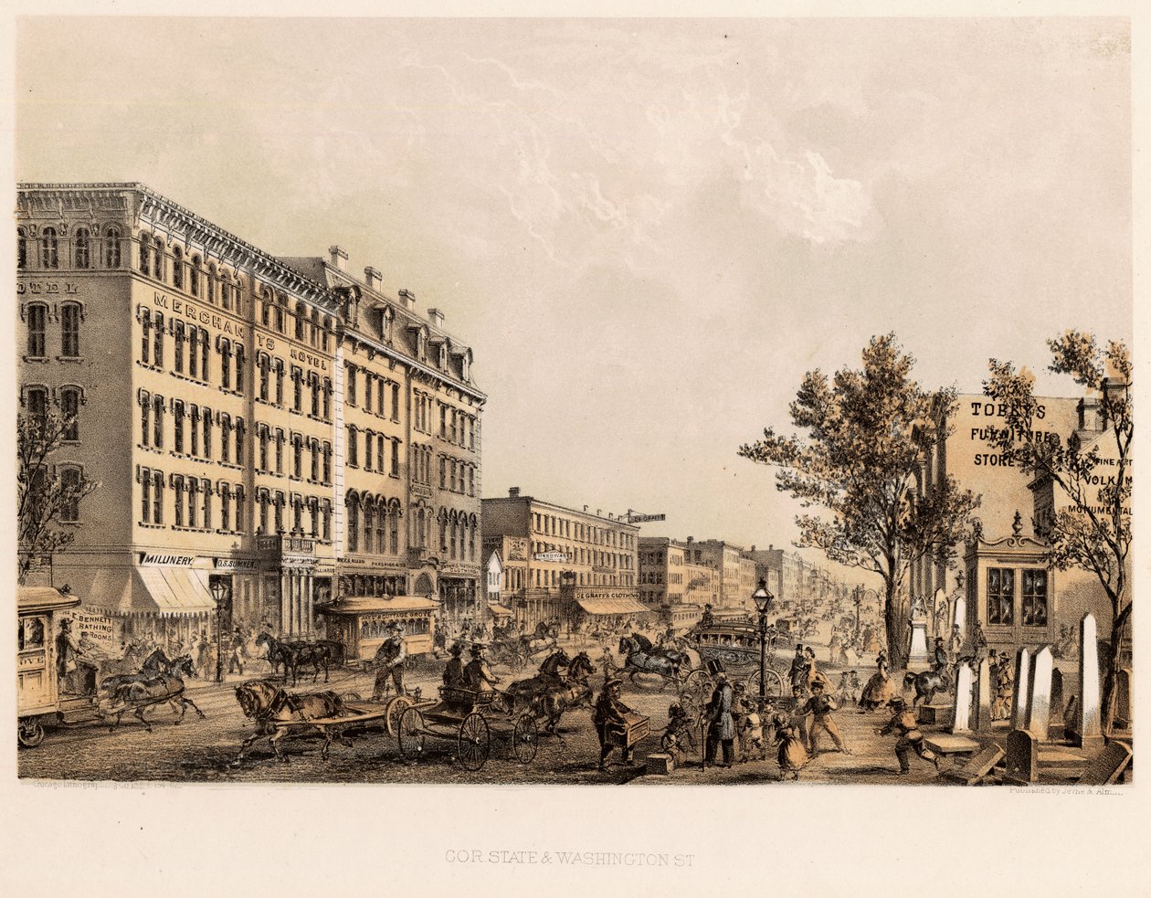 Hjørnet av State og Washington Streets, Chicago, ca. 1867 av Kurz and Allison