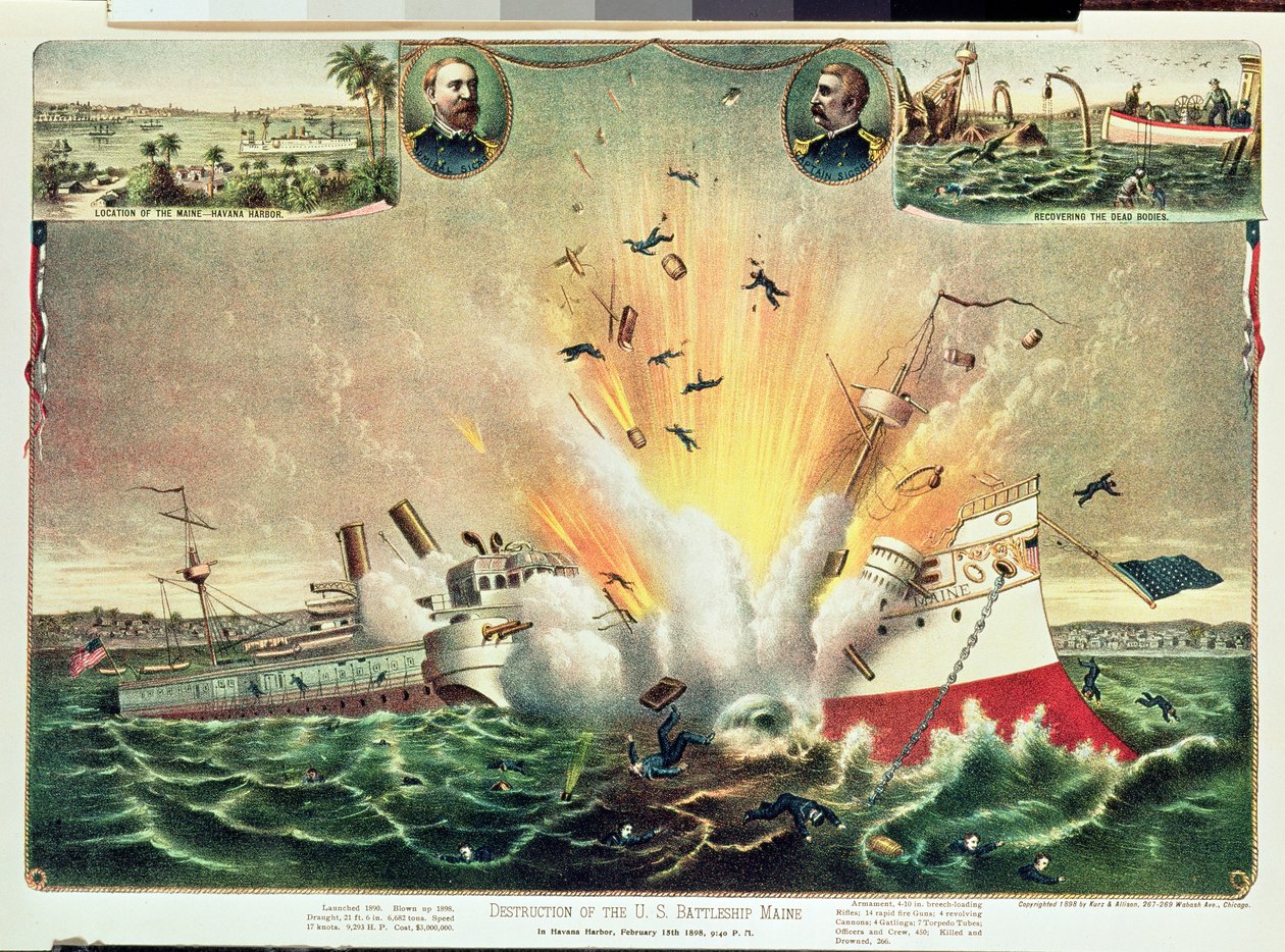 Ødeleggelse av det amerikanske slagskipet Maine i Havana havn, 15. februar 1898 av Kurz and Allison