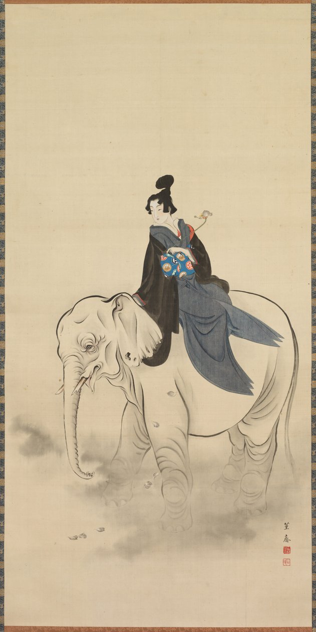 Courtesan Riding an Elephant Parodi av Bodhisattva Fugen, 1800-tallet. av Kuwagata Keisai