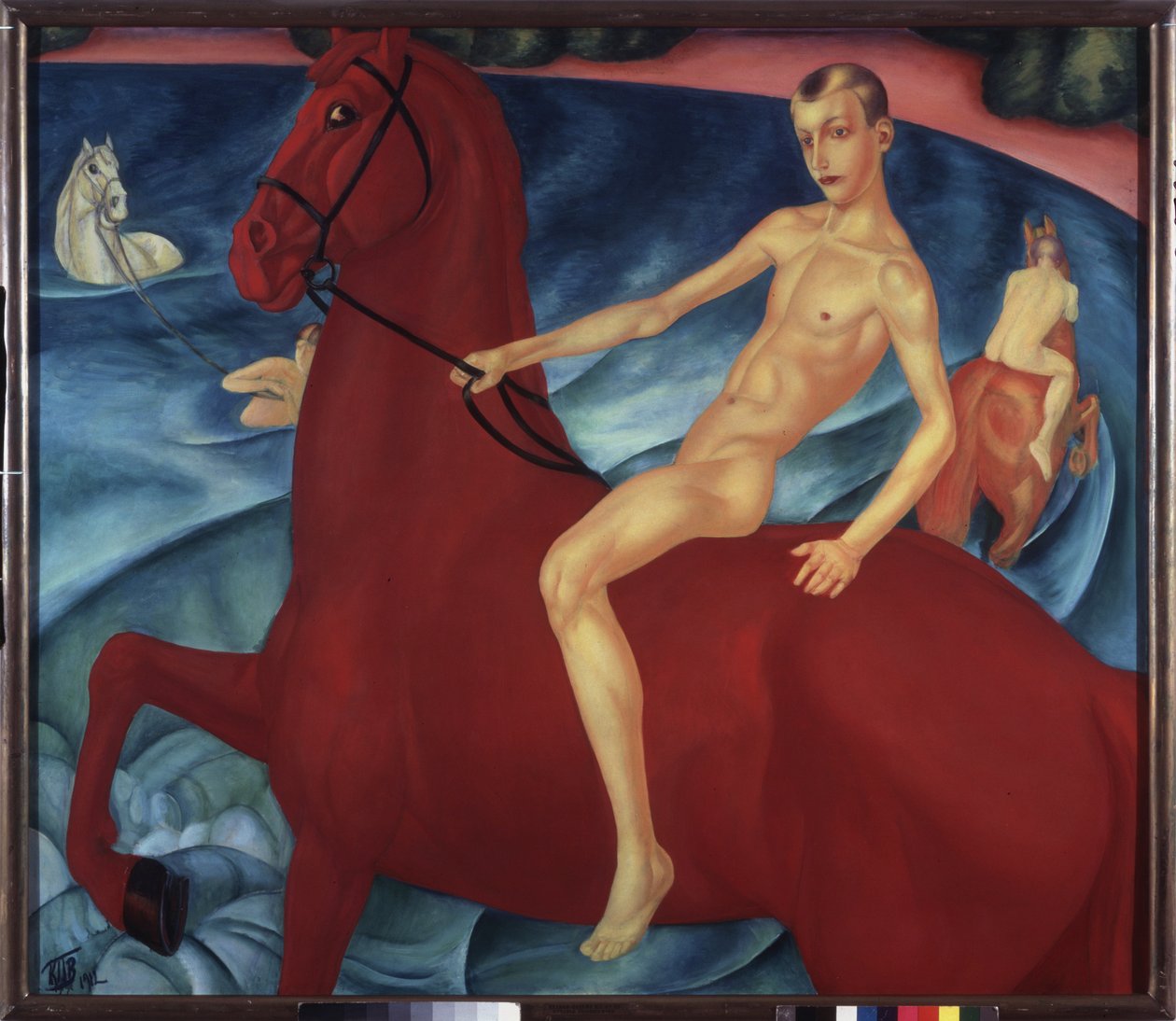 Bading av en rød hest. Maleri av Kuzma Sergeevich Petrov Vodkin (Petrov-Vodkin) (Kouzma Petrov Vodkin) (Petrov-Vodkin) (1878-1939), olje på lerret av Kuzma Sergeevich Petrov Vodkin