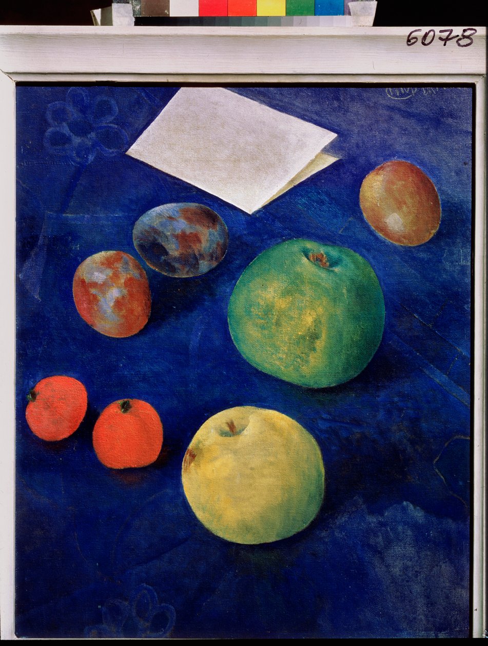 Frukt på en blå duk. Maleri av Kuzma Sergeevich Petrov Vodkin (Petrov-Vodkin) (Kouzma Petrov Vodkin) (Petrov-Vodkin) (1878-1939), olje på lerret av Kuzma Sergeevich Petrov Vodkin