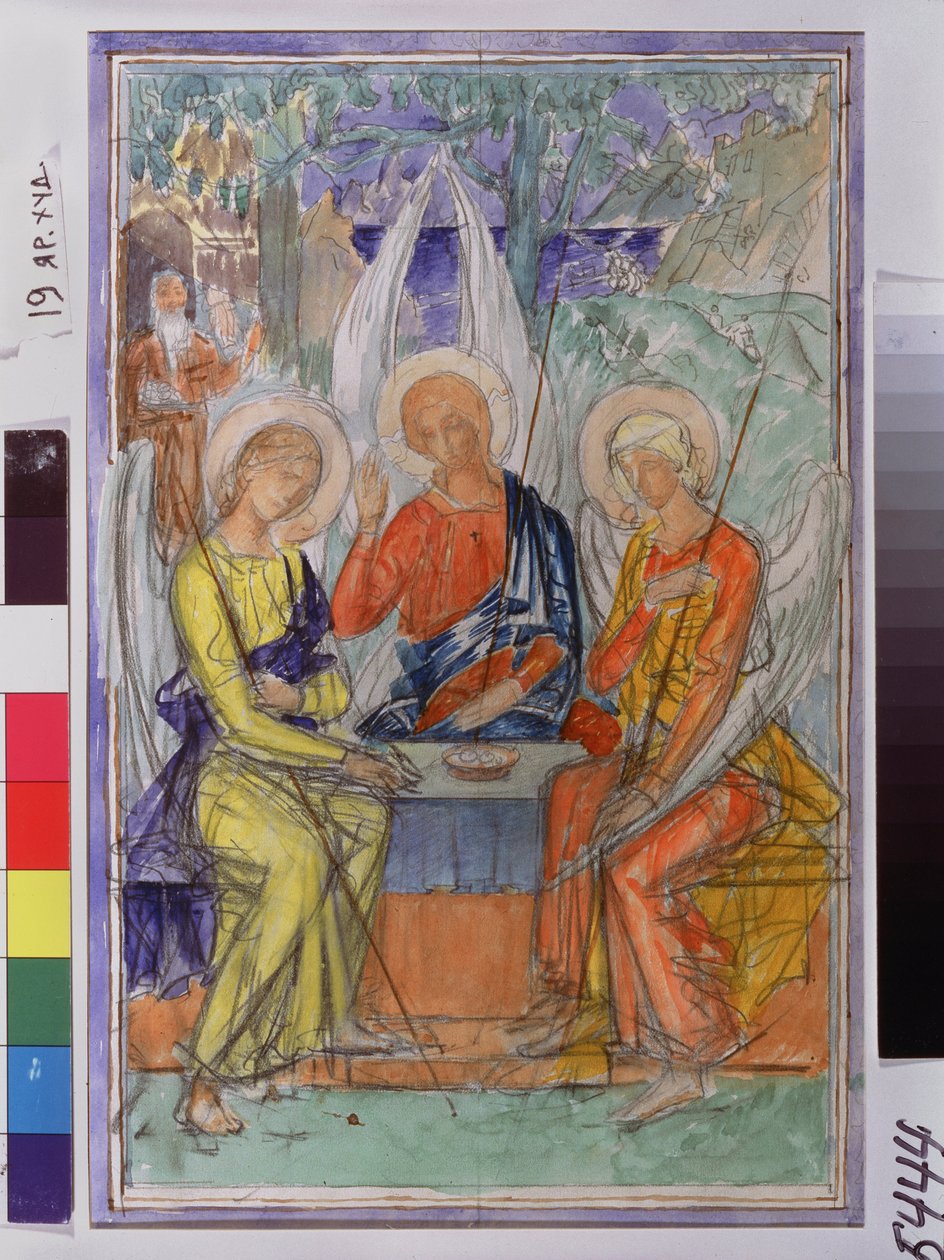 Den hellige treenighet. Representasjon av de tre englene som viste seg for Abraham nær Chene de Mambre. Verk av Kuzma Sergeyevich Petrov Vodkin (Petrov-Vodkin) (Kouzma Petrov Vodkin) (Petrov-Vodkin) (1878-1939), akvarell på papir av Kuzma Sergeevich Petrov Vodkin