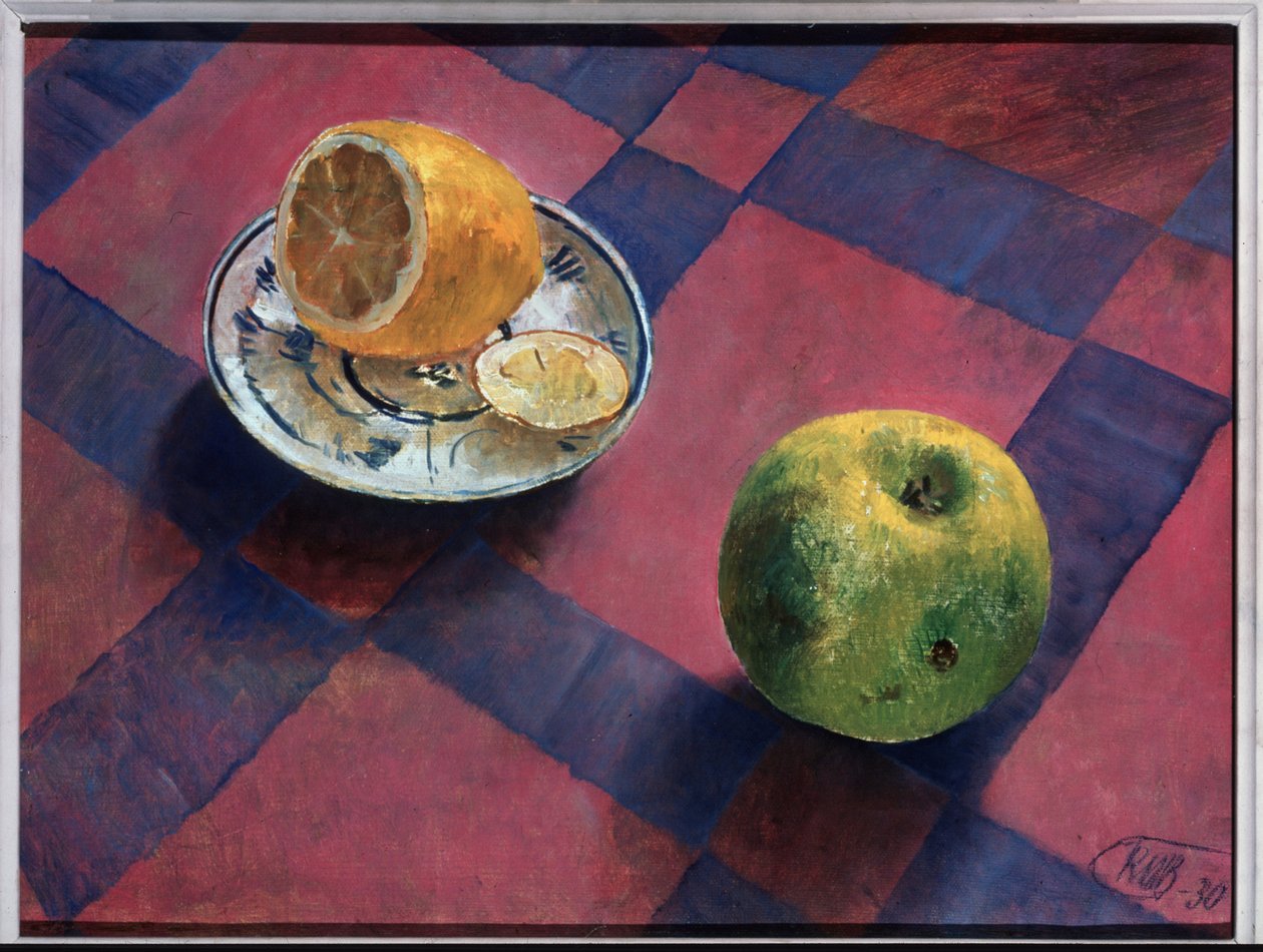 Eple og sitron. (Eple og sitron). Maleri av Kuzma Sergeevich Petrov Vodkin (Petrov-Vodkin) (Kouzma Petrov Vodkin) (Petrov-Vodkin) (1878-1939), olje på lerret av Kuzma Sergeevich Petrov Vodkin