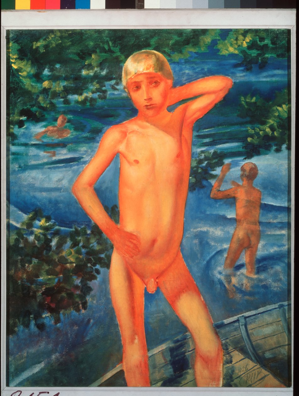 Gutter som bader. Maleri av Kuzma Sergeevich Petrov Vodkin (Petrov-Vodkin) (Kouzma Petrov Vodkin) (Petrov-Vodkin) (1878-1939), olje på lerret av Kuzma Sergeevich Petrov Vodkin