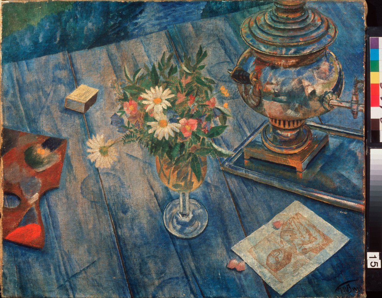 Stilleben med samovar. Maleri av Kuzma Sergeevich Petrov Vodkin (Petrov-Vodkin) (Kouzma Petrov Vodkin) (Petrov-Vodkin) (1878-1939), olje på lerret av Kuzma Sergeevich Petrov Vodkin
