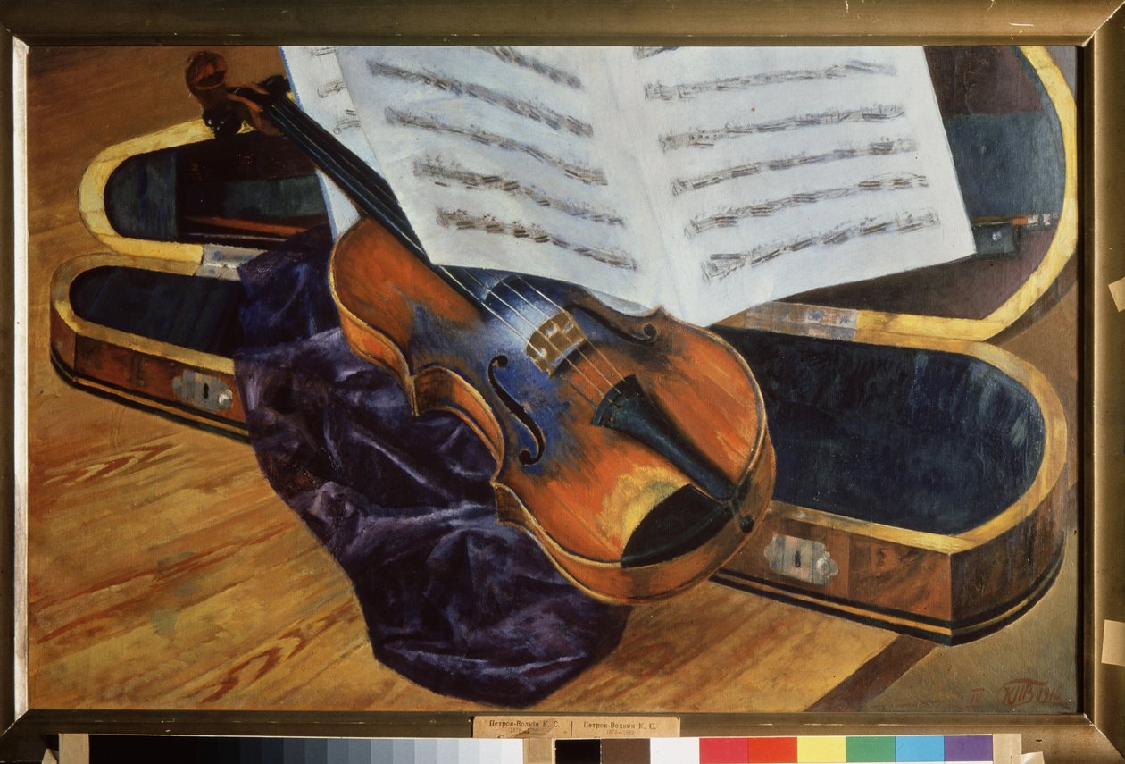 Fiolin i etui (Fiolin i et etui). Maleri av Kuzma Sergeyevich Petrov Vodkin (Petrov-Vodkin) (Kouzma Petrov Vodkin) (Petrov-Vodkin) (1878-1939), olje på lerret av Kuzma Sergeevich Petrov Vodkin
