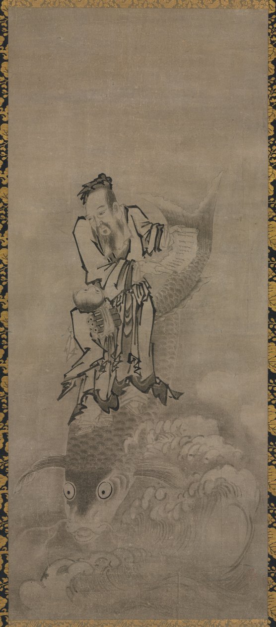 Hotei med Daoist Immortals: Immortal Riding Carp av Kyūseki Tomonobu