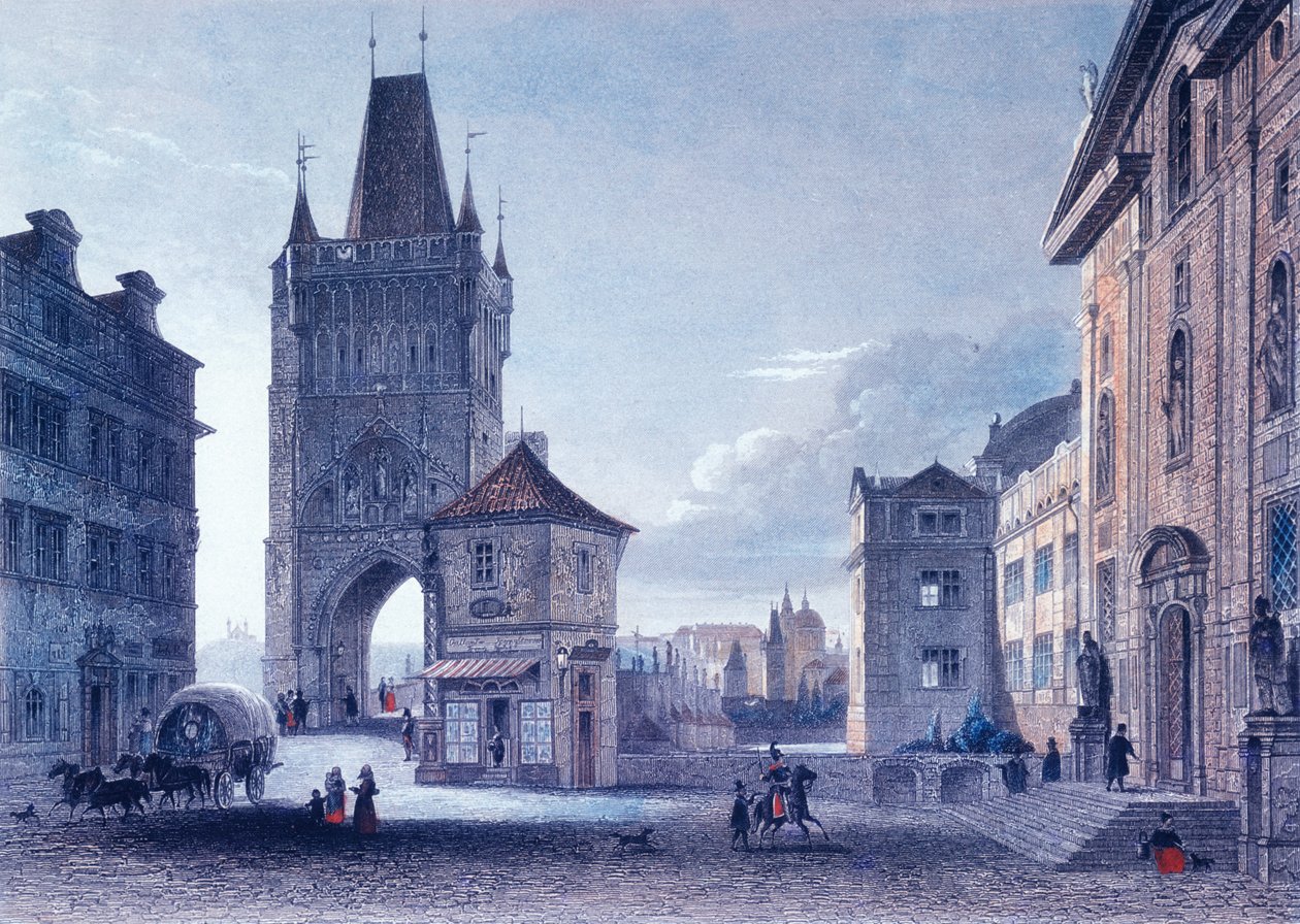 Old Town Bridge Tower, ca. 1840 (farget stålgravering) av L. and Poppel, J. Lange