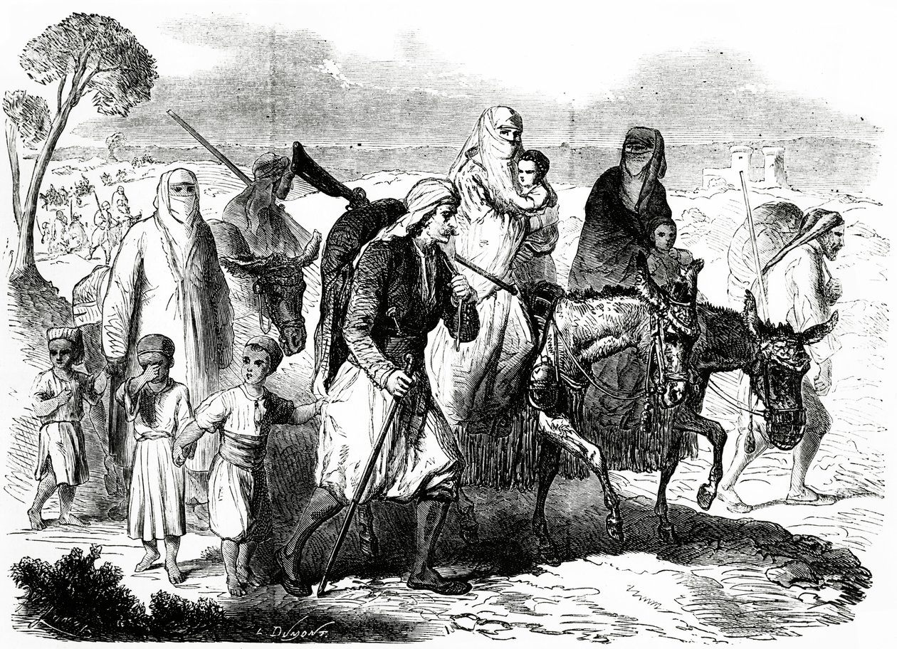 Kristne fra Damaskus emigrerer til Beirut, illustrasjon fra Le Monde Illustré, 24. november, 1860 av L. Dumont