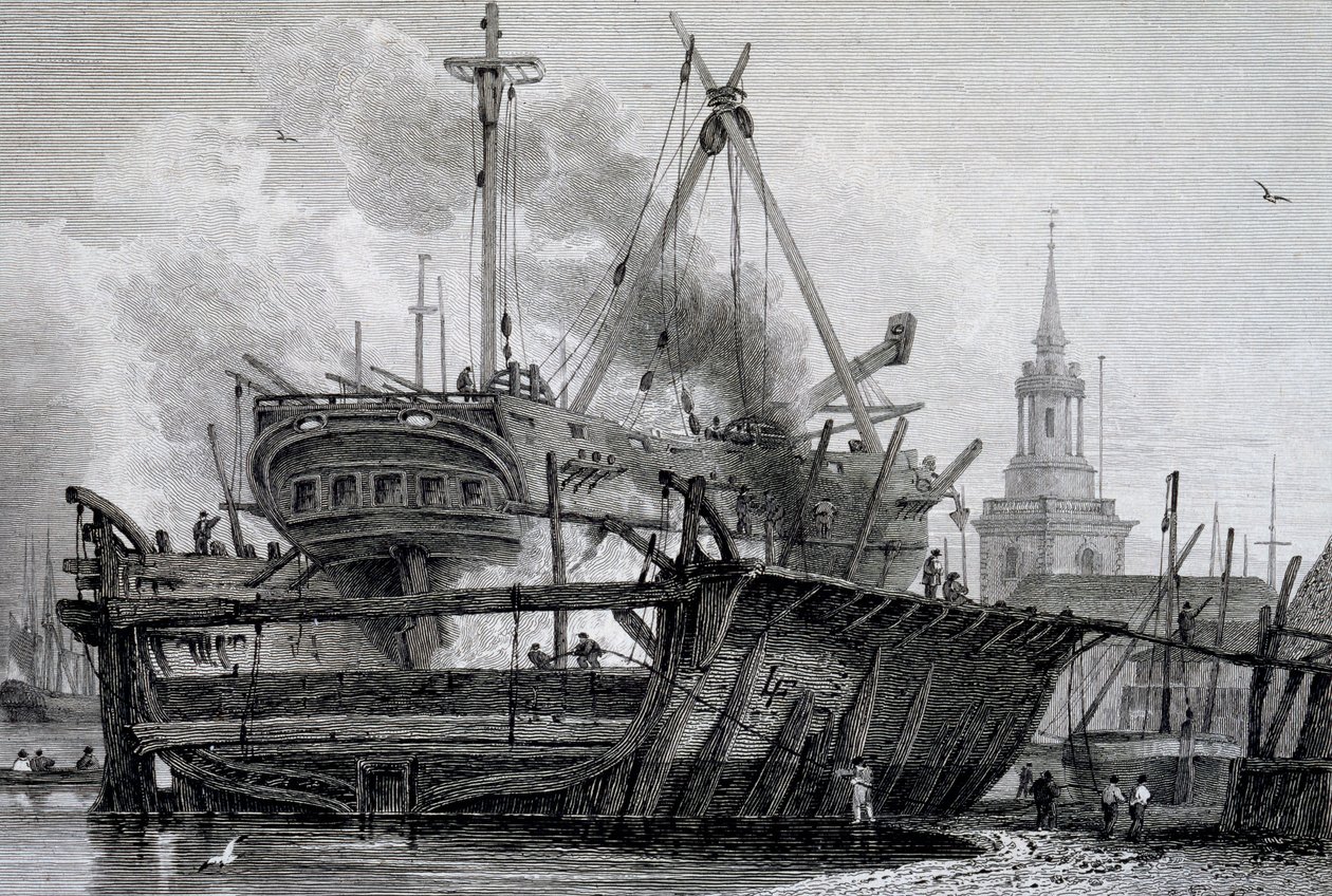 Rotherhithe, flytebrygga i 1815, gravert av J. C. Allen, fra Views on the Thames utgitt av WB & George Cooke, 1822 av L. Francia